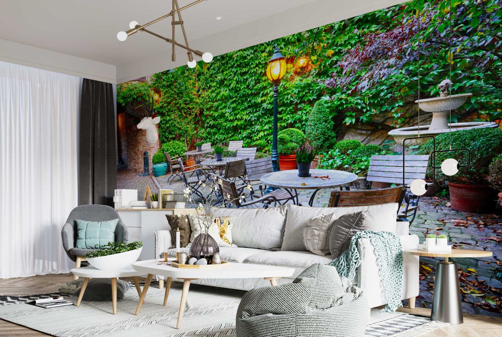 Fotobehang plant met groene muur en straatlantaarn