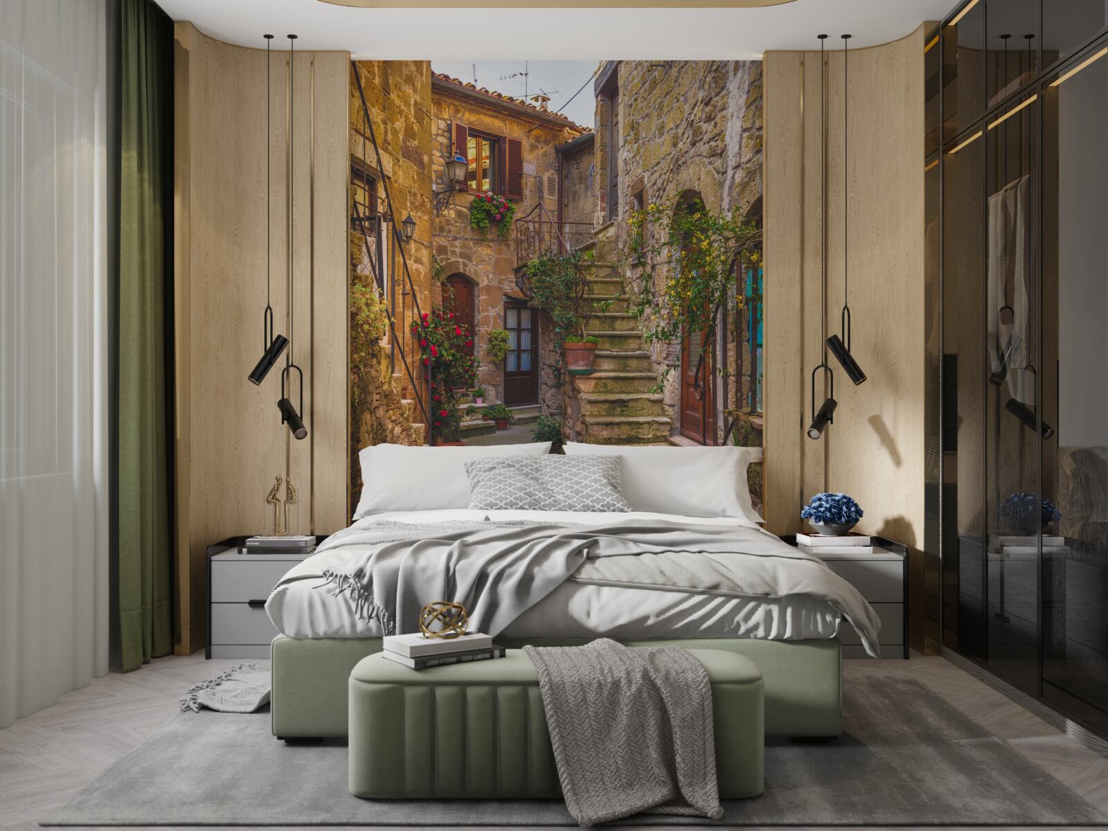 Fotobehang met bloemen versierde trap op de oude binnenplaats