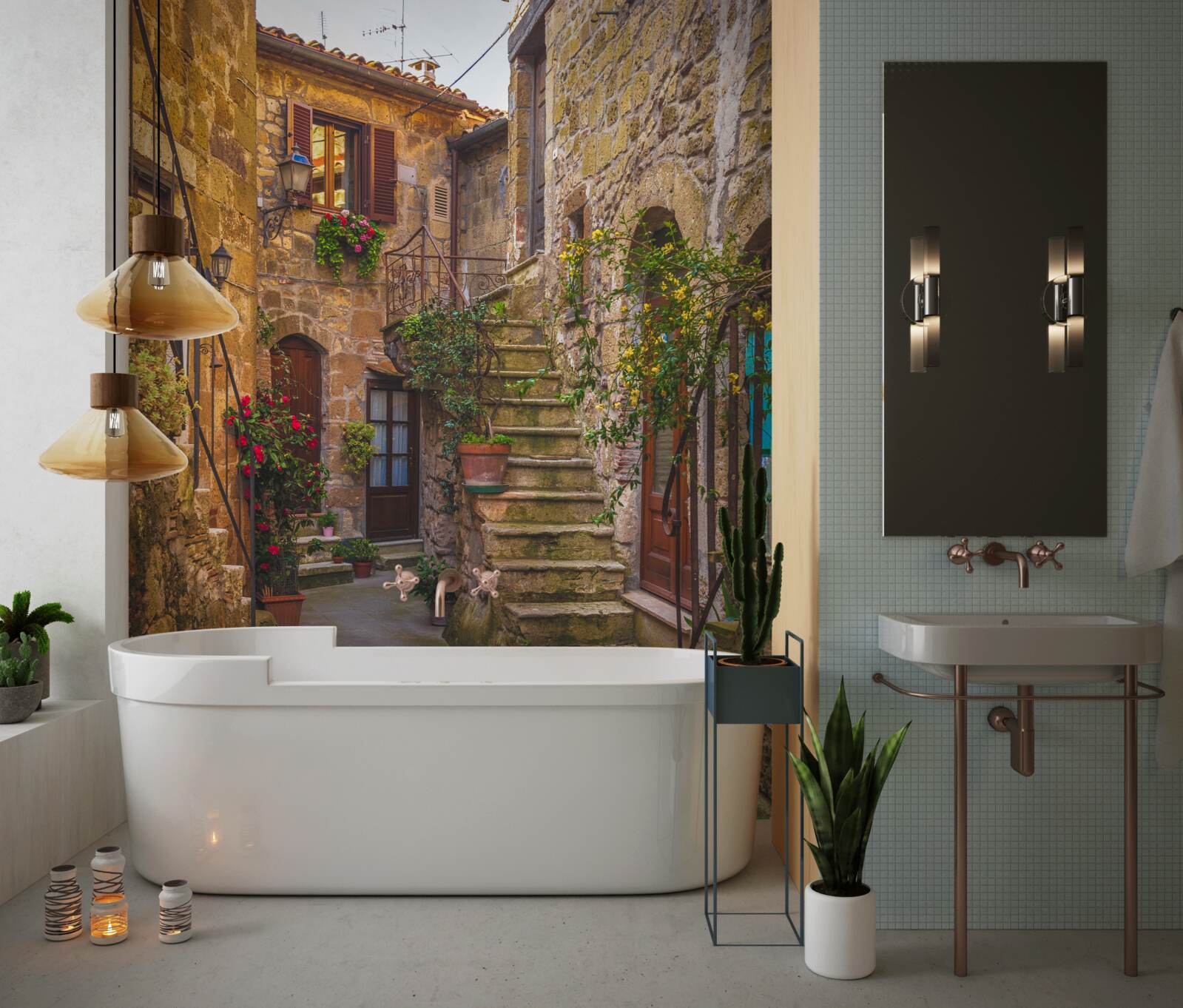 Fotobehang met bloemen versierde trap op de oude binnenplaats