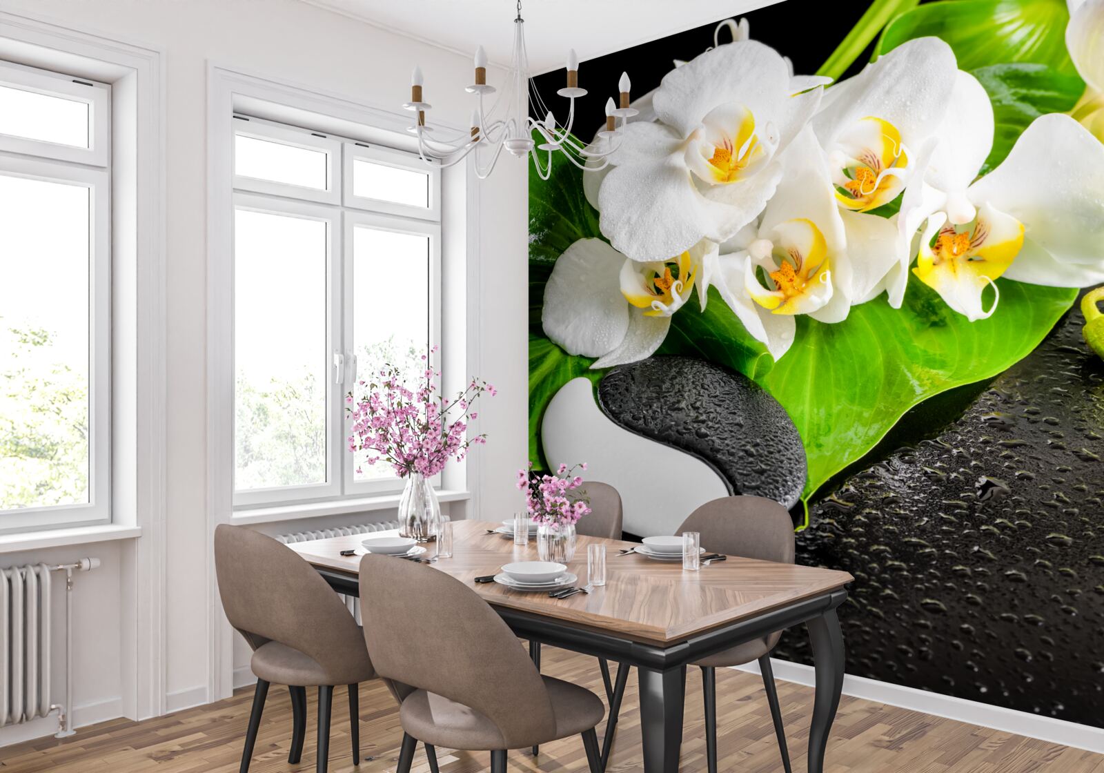 Fotobehang witte lotus op een donkere rots