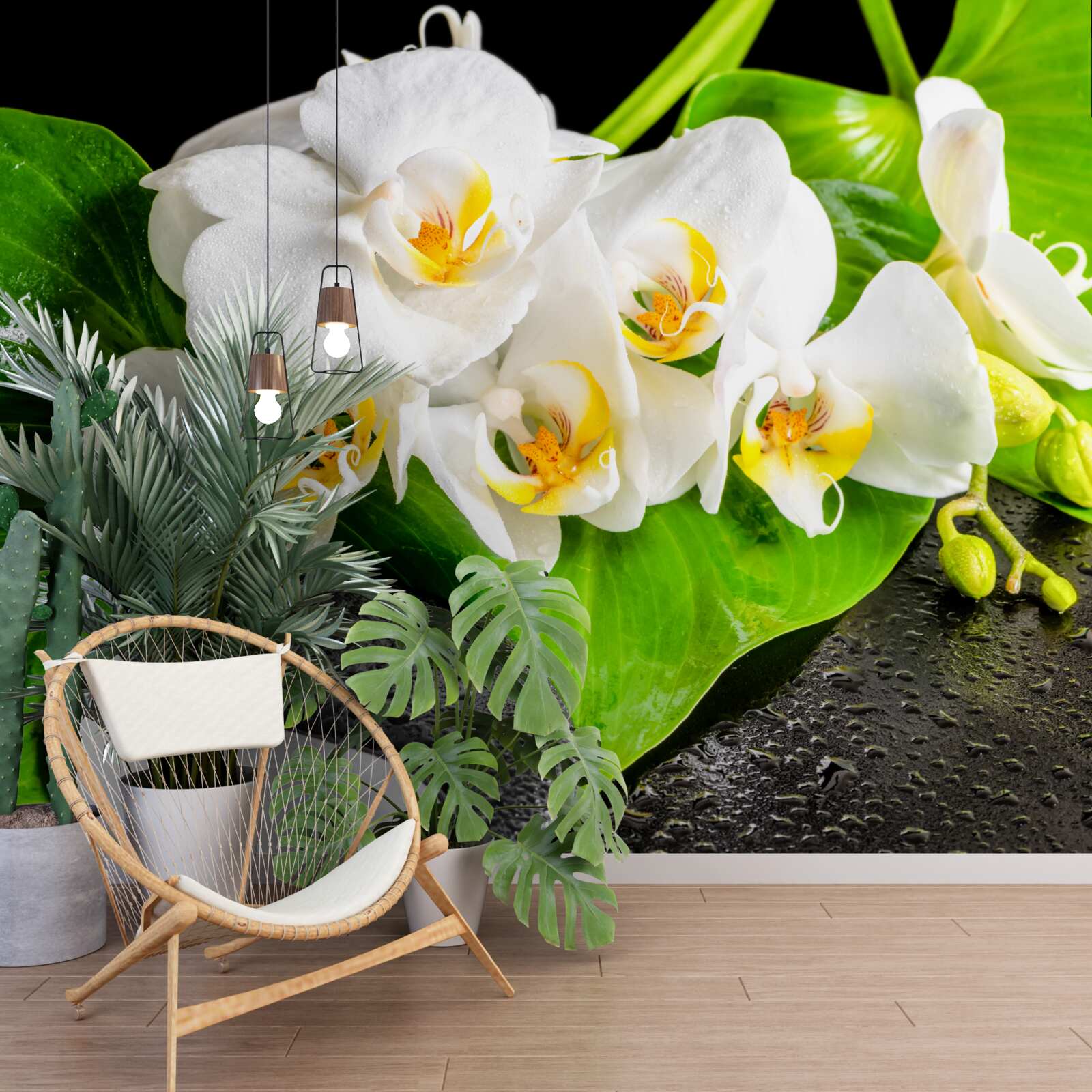 Fotobehang witte lotus op een donkere rots