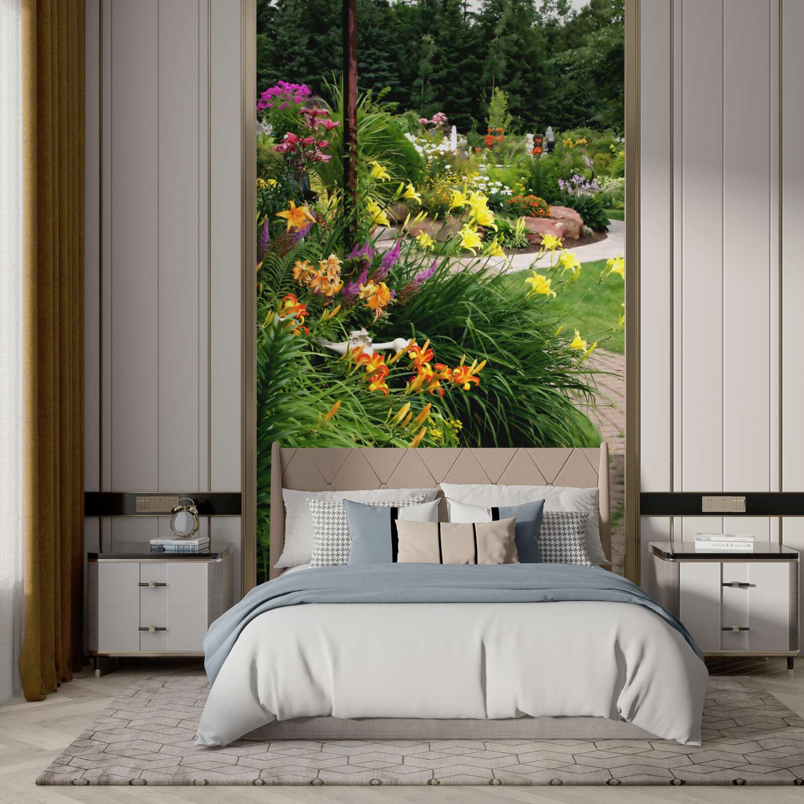 Fotobehang pad bij weelderige zomerstruiken met bloemen