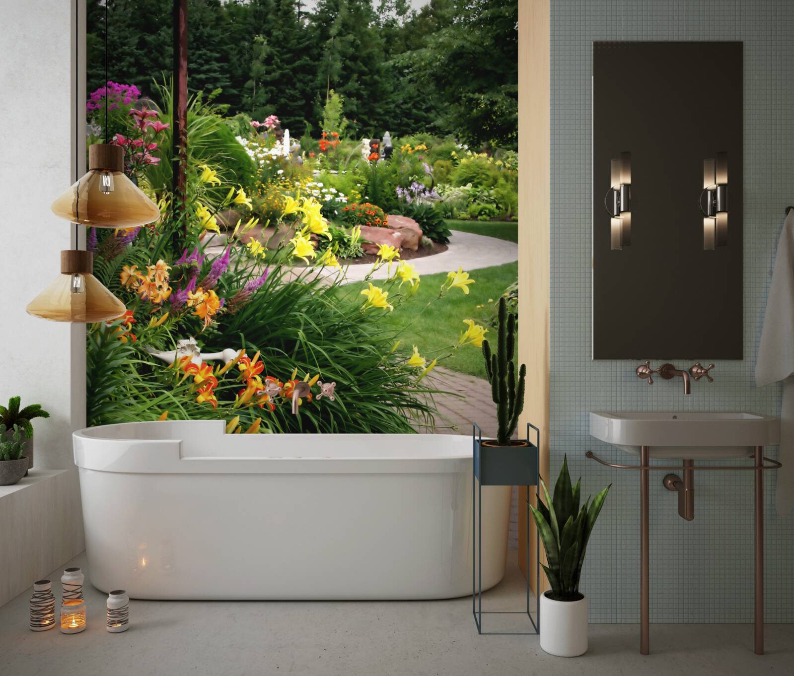 Fotobehang pad bij weelderige zomerstruiken met bloemen