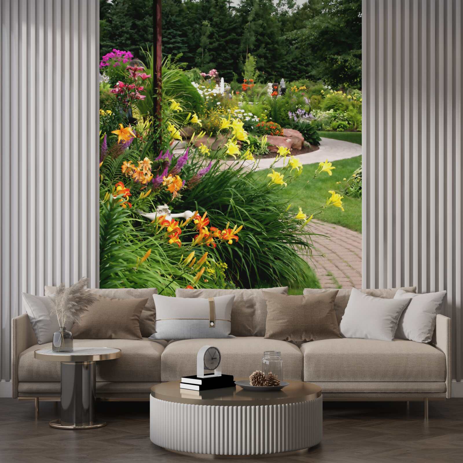 Fotobehang pad bij weelderige zomerstruiken met bloemen