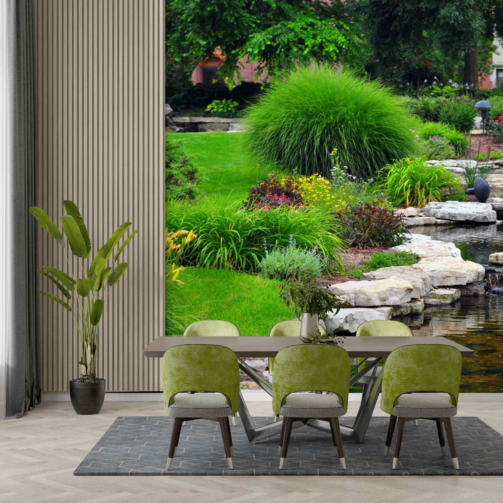 Fotobehang bloemen bij een vijver in de tuin