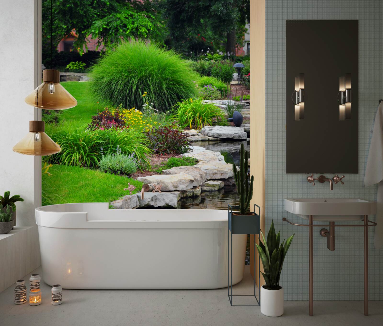 Fotobehang bloemen bij een vijver in de tuin