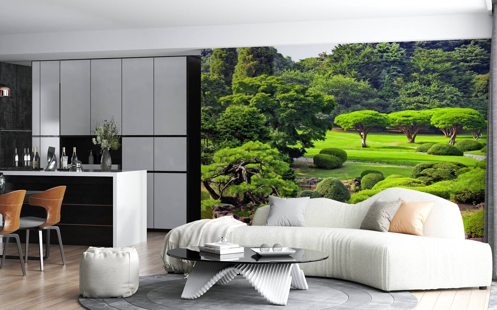 Fotobehang tuinen bedekt met groen in de zomer