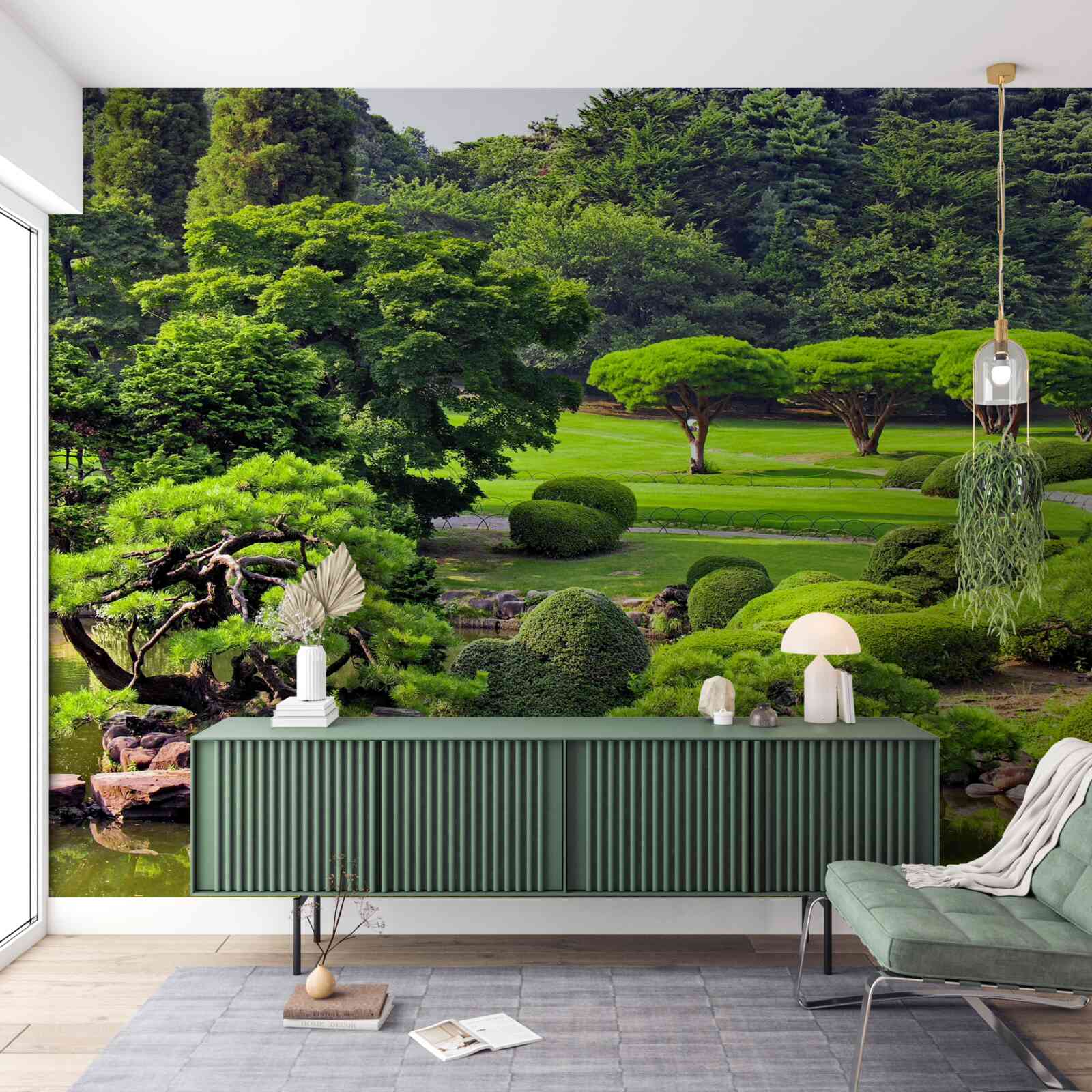 Fotobehang tuinen bedekt met groen in de zomer