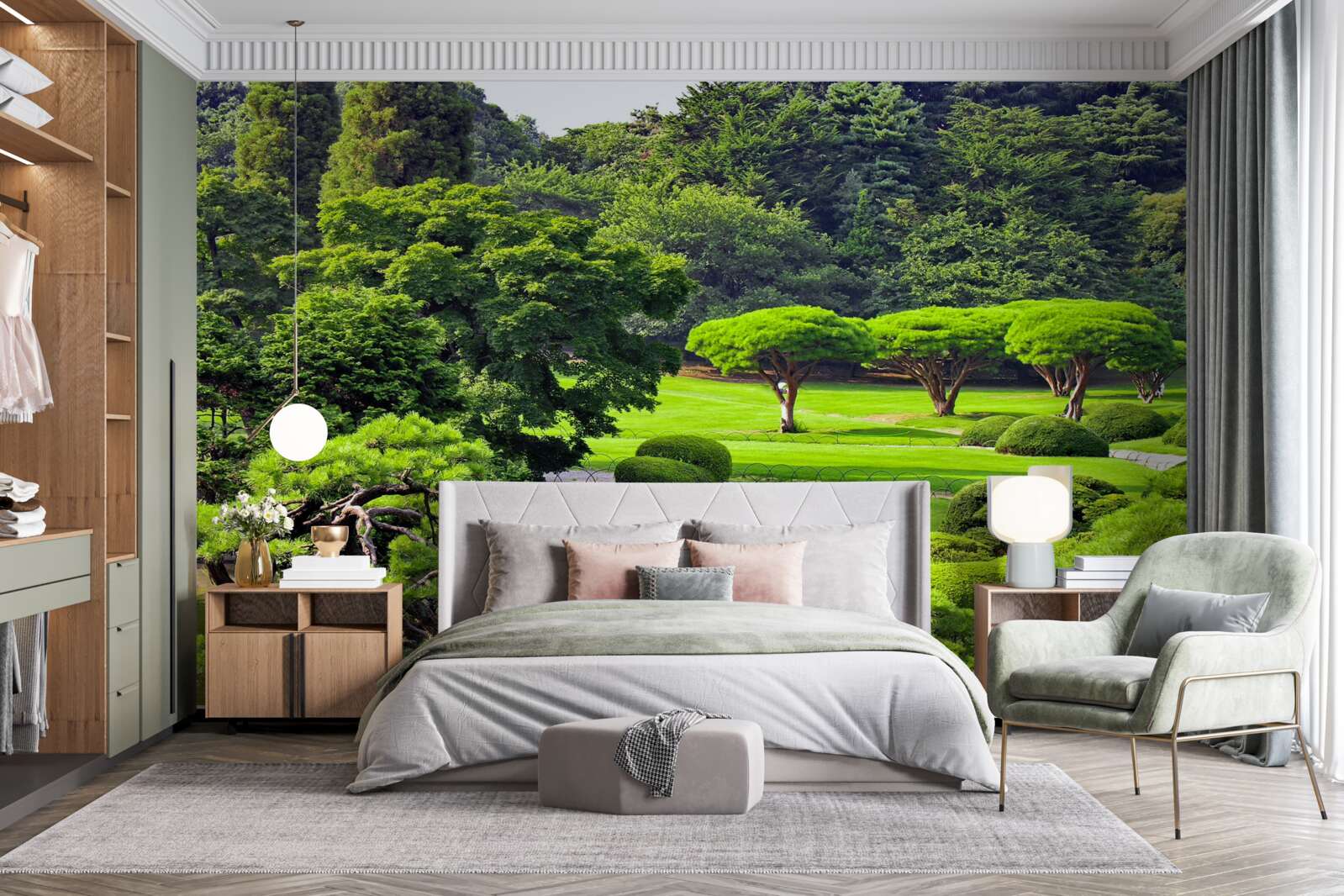 Fotobehang tuinen bedekt met groen in de zomer