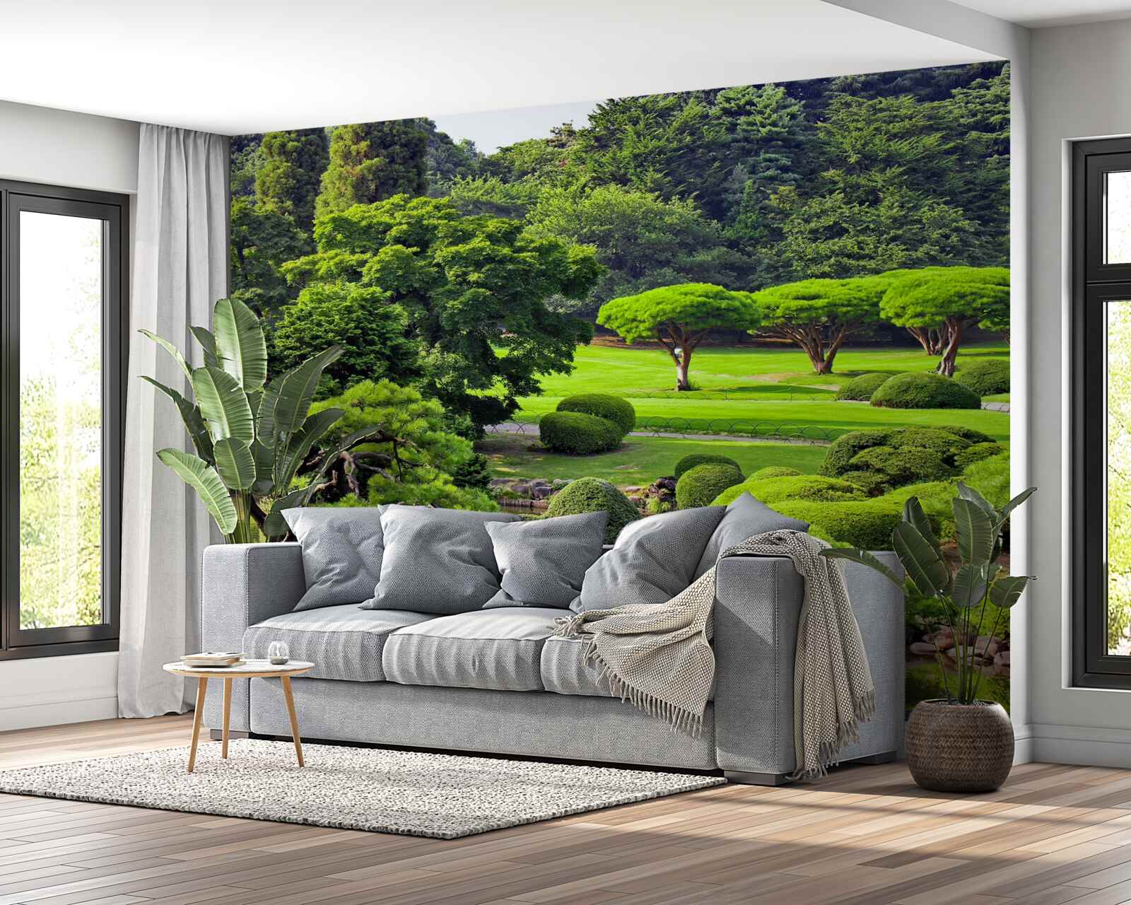 Fotobehang tuinen bedekt met groen in de zomer