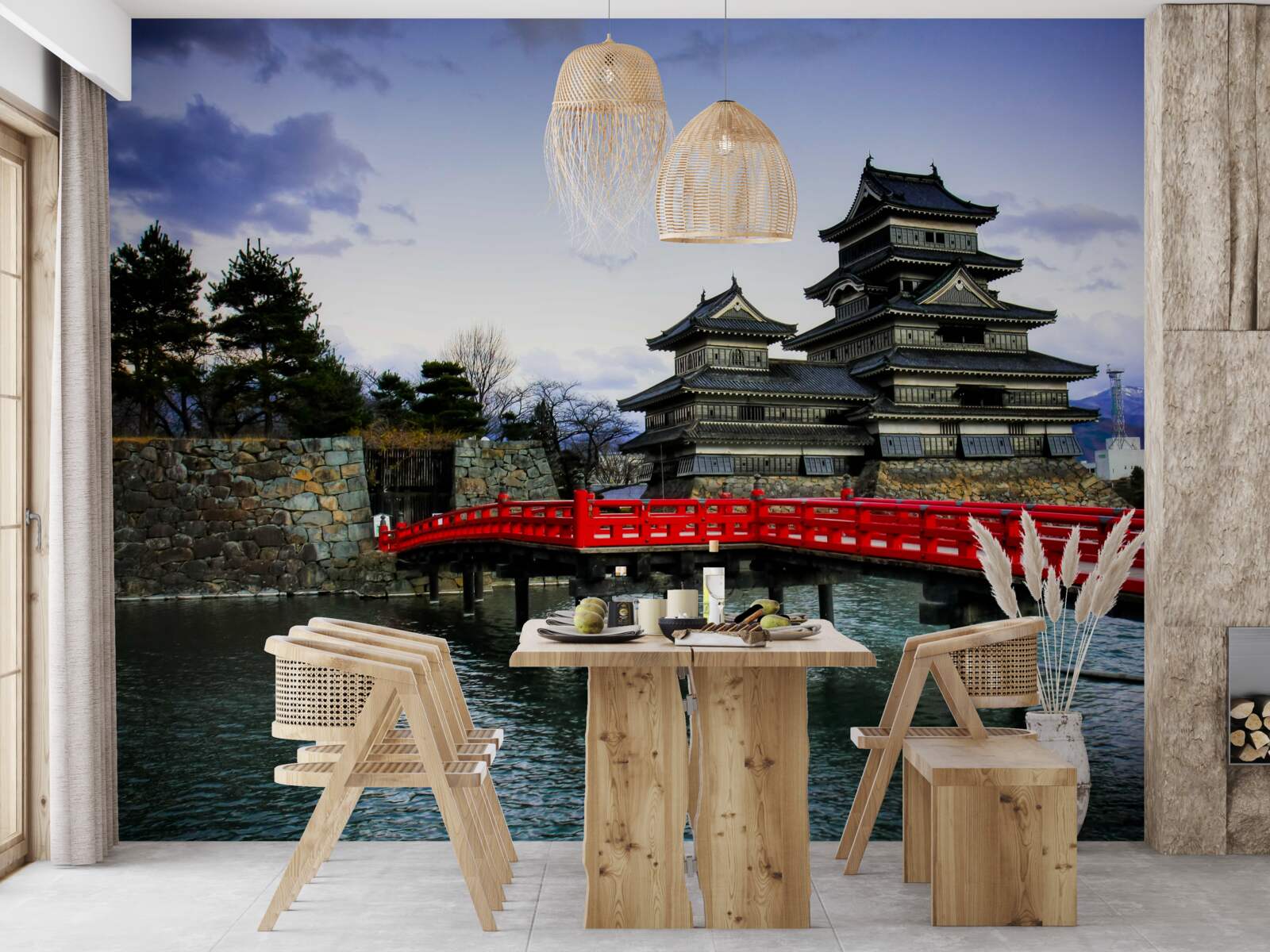 Fotobehang in japan overspant een rode brug een rivier