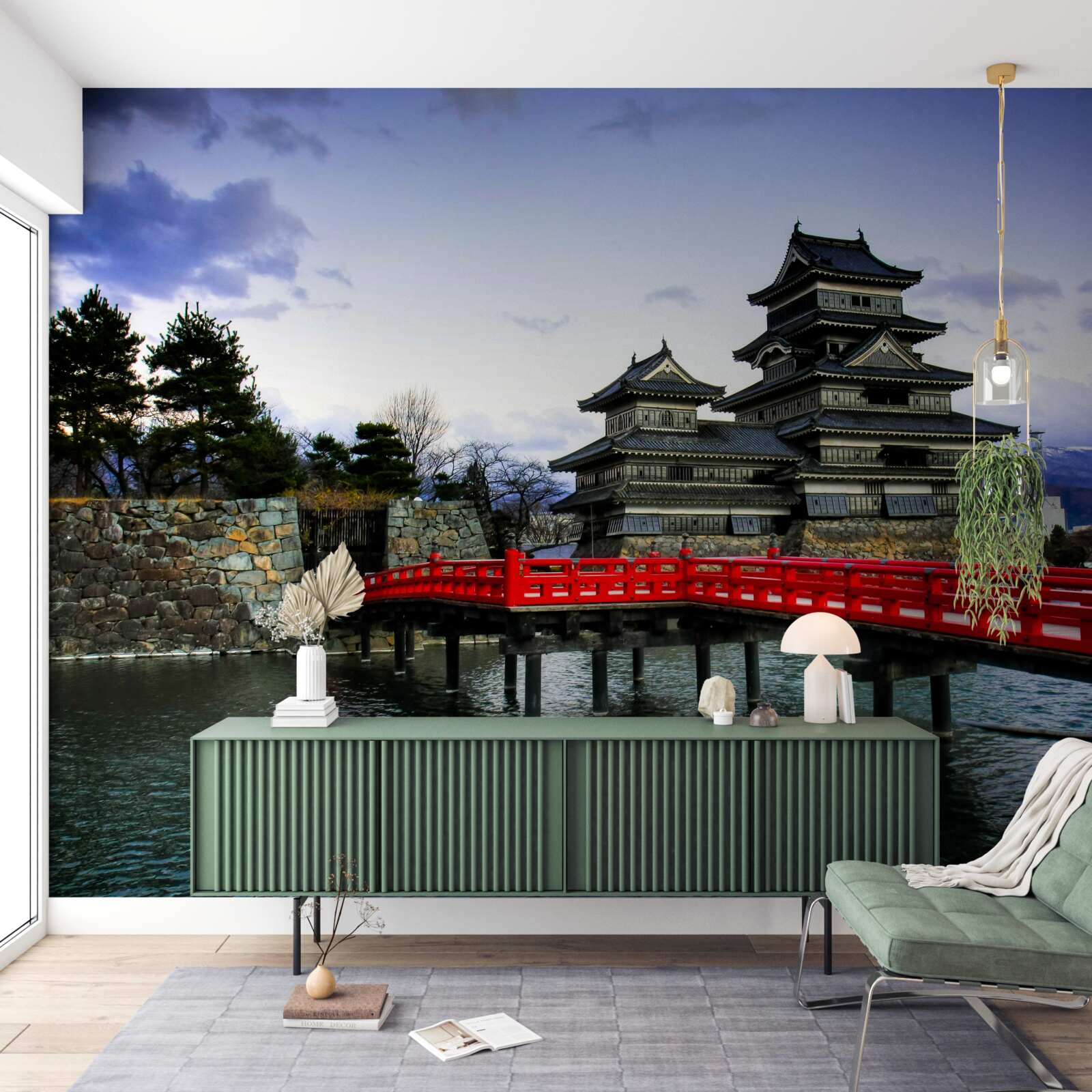 Fotobehang in japan overspant een rode brug een rivier