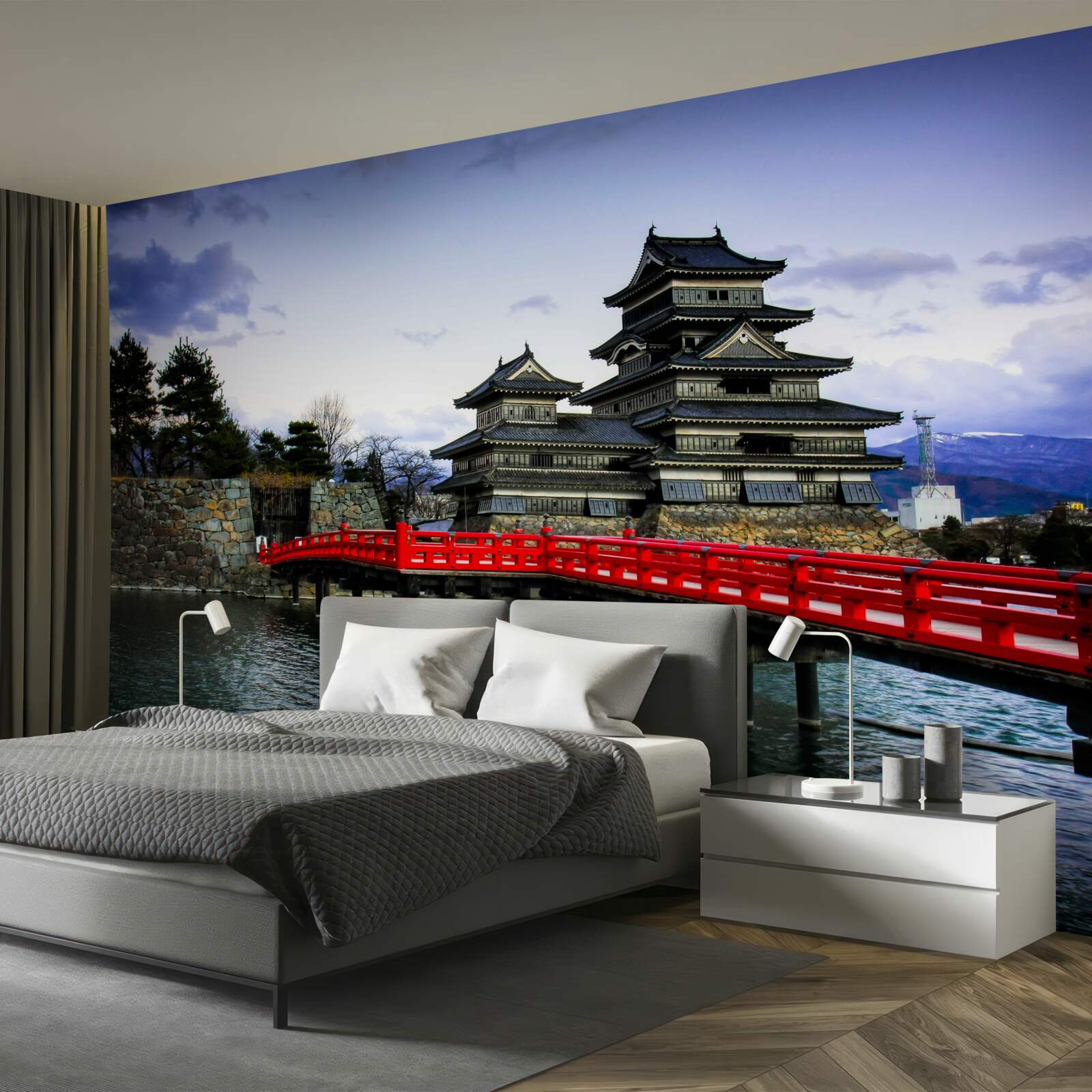 Fotobehang in japan overspant een rode brug een rivier