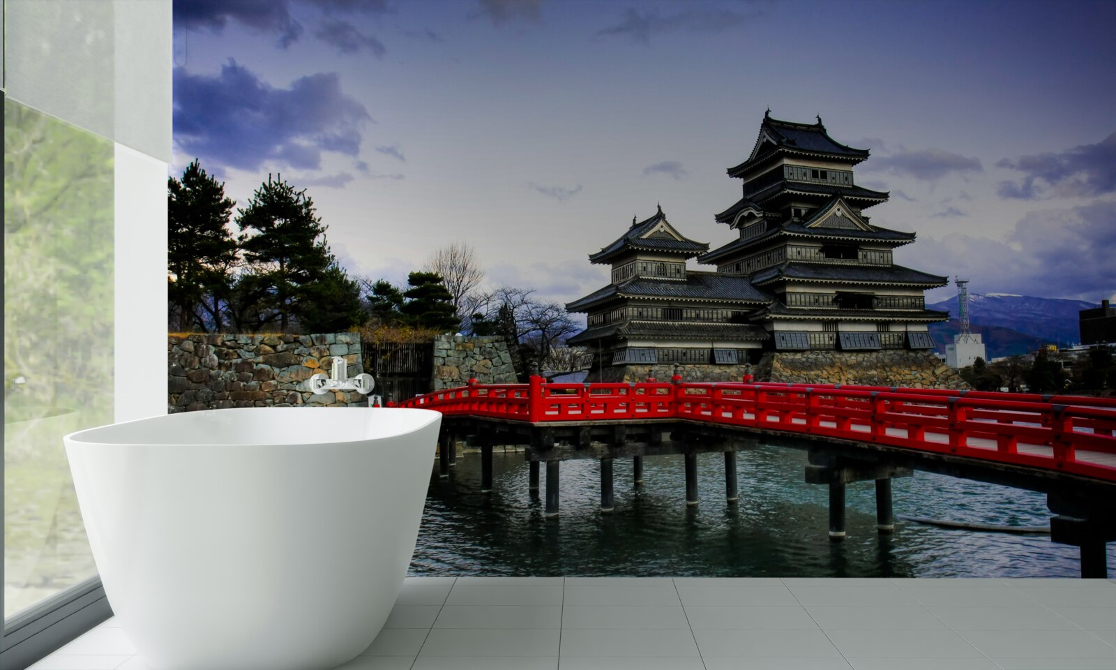 Fotobehang in japan overspant een rode brug een rivier
