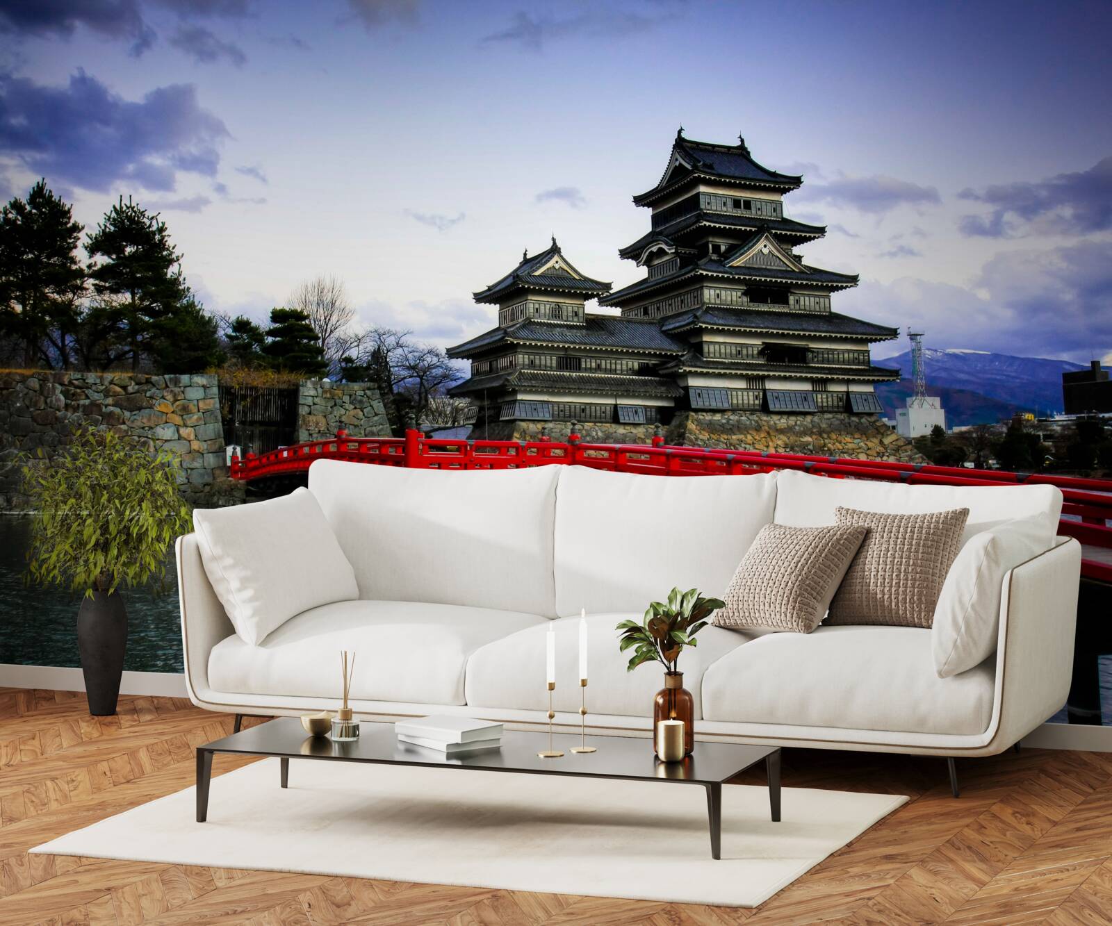 Fotobehang in japan overspant een rode brug een rivier