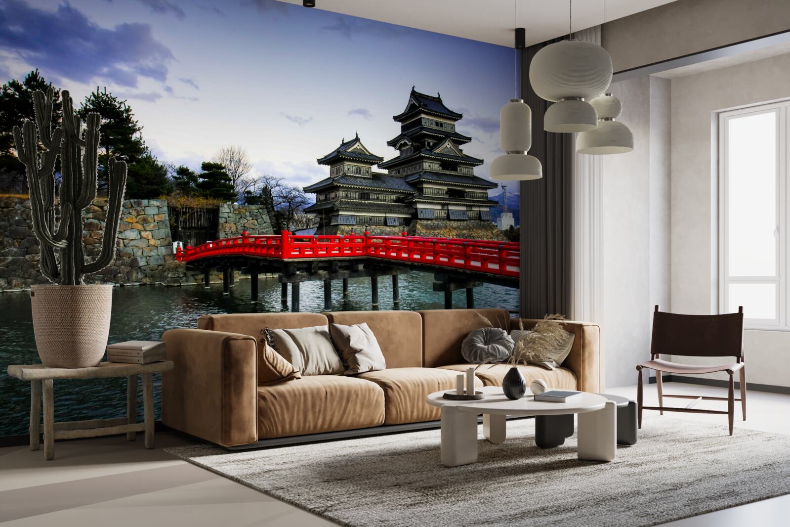 Fotobehang in japan overspant een rode brug een rivier