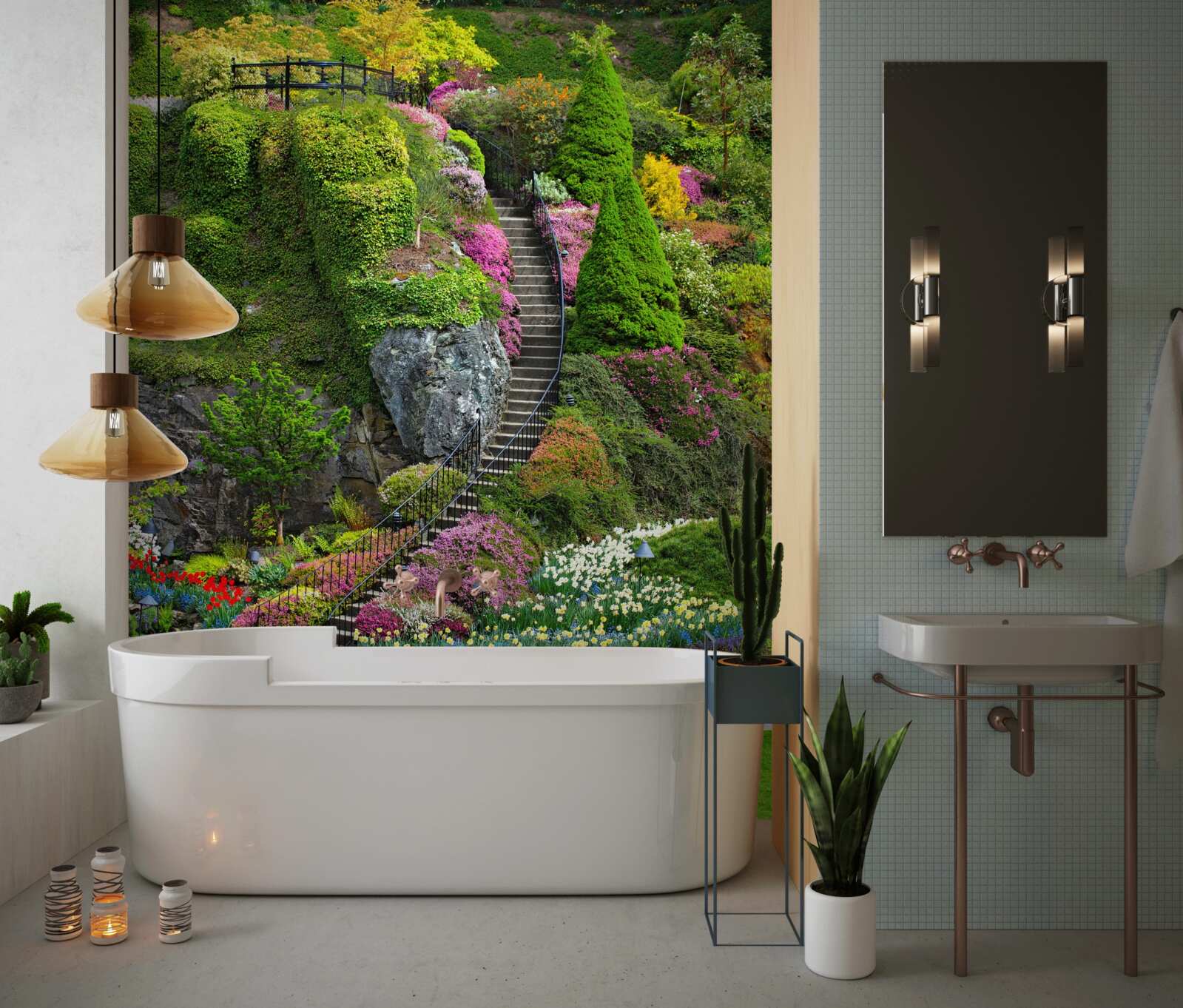 Fotobehang trap volledig ondergedompeld in groen en bloemen