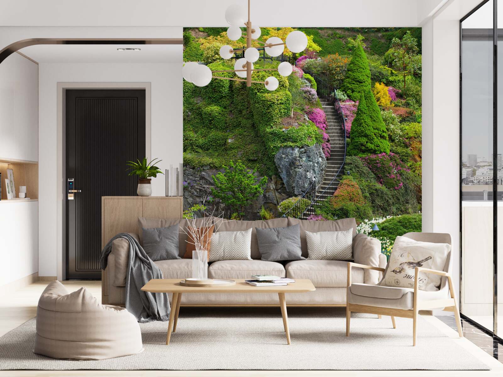 Fotobehang trap volledig ondergedompeld in groen en bloemen