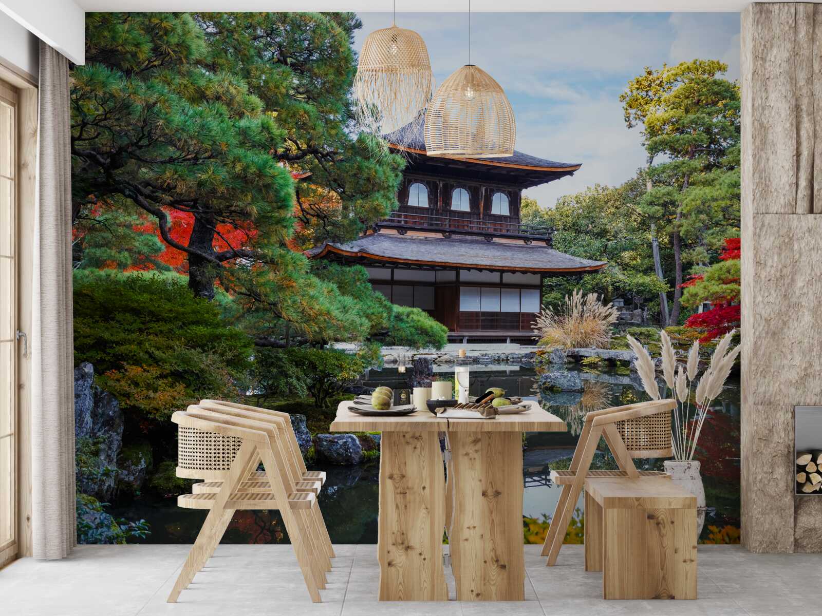 Fotobehang Japans tuinhuis aan het meer, vol gezelligheid