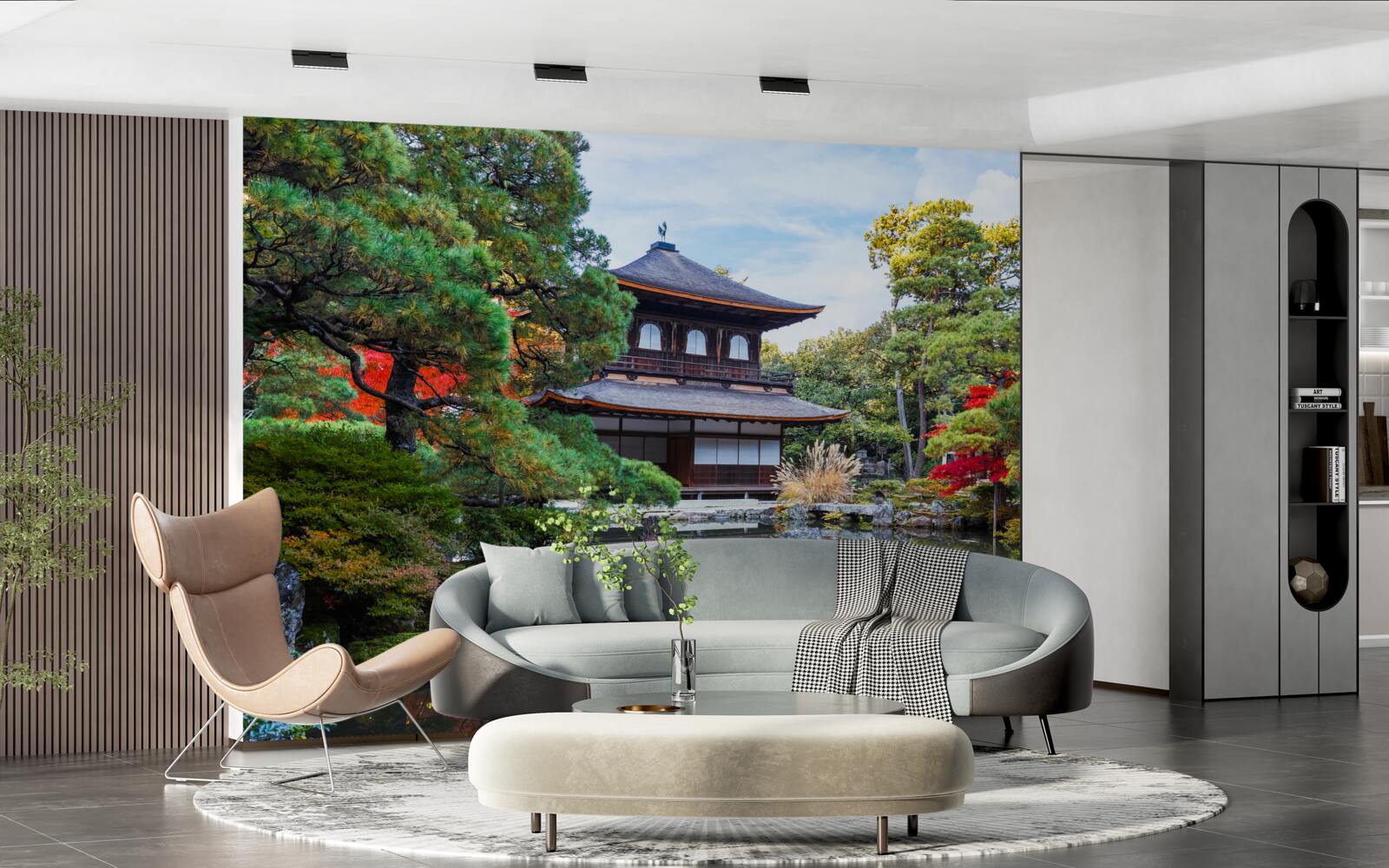 Fotobehang Japans tuinhuis aan het meer, vol gezelligheid