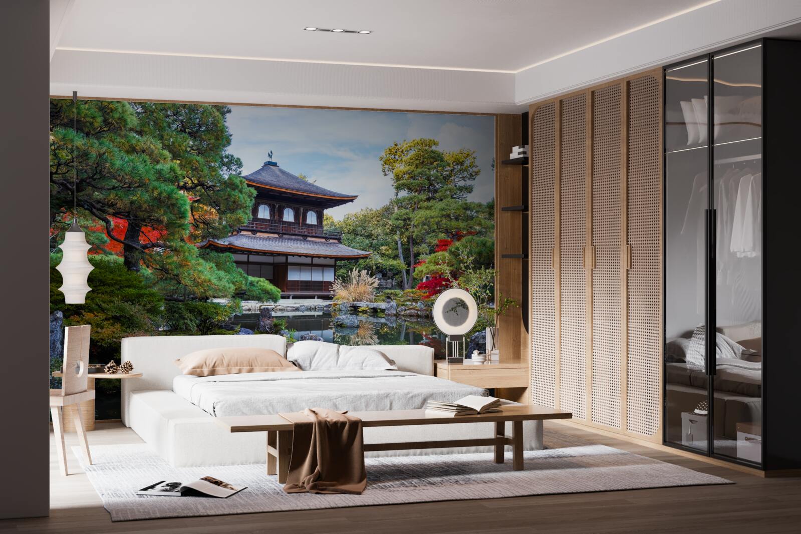 Fotobehang Japans tuinhuis aan het meer, vol gezelligheid