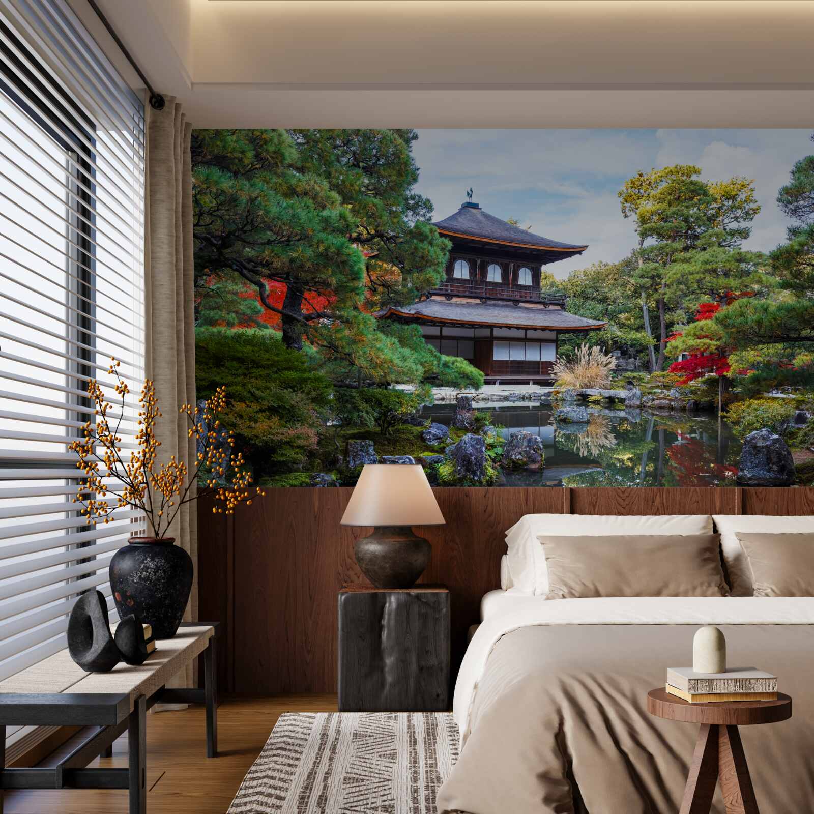 Fotobehang Japans tuinhuis aan het meer, vol gezelligheid