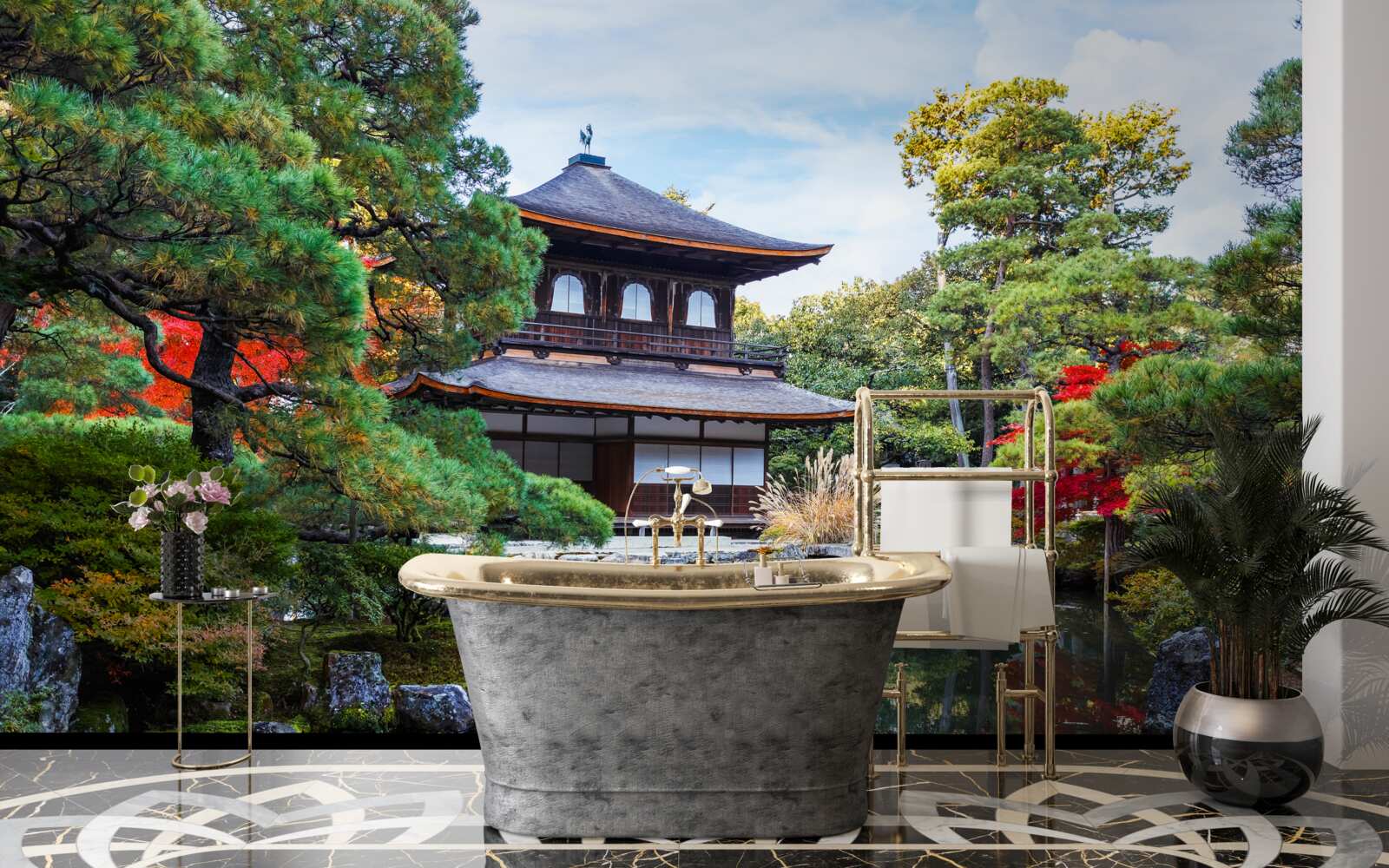 Fotobehang Japans tuinhuis aan het meer, vol gezelligheid