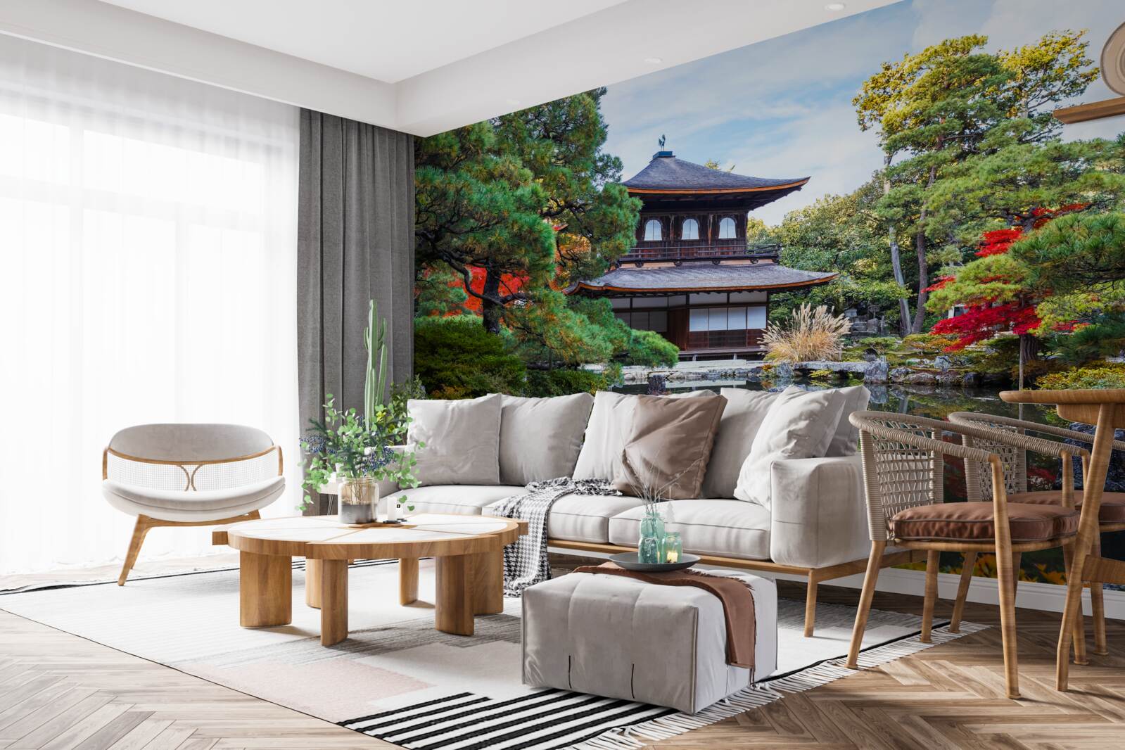Fotobehang Japans tuinhuis aan het meer, vol gezelligheid