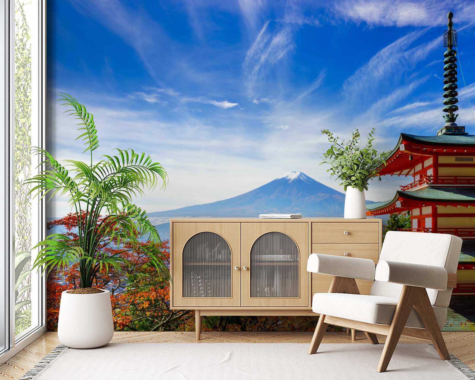 Fotobehang landhuis met fuji berg op de achtergrond