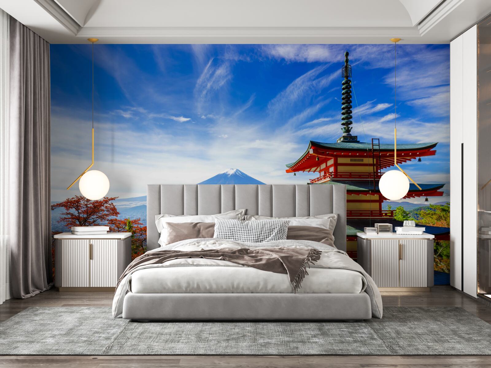 Fotobehang landhuis met fuji berg op de achtergrond