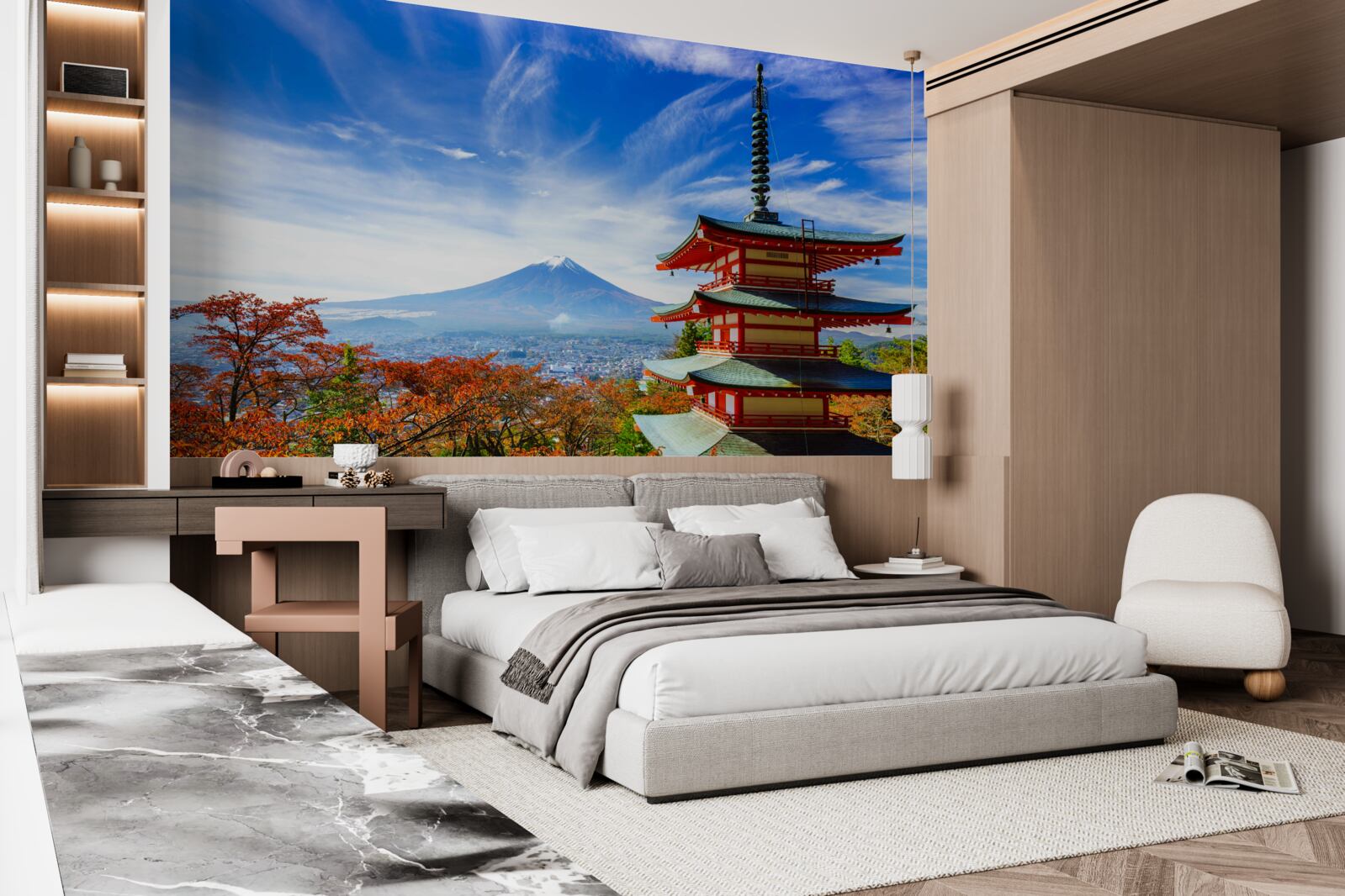 Fotobehang landhuis met fuji berg op de achtergrond