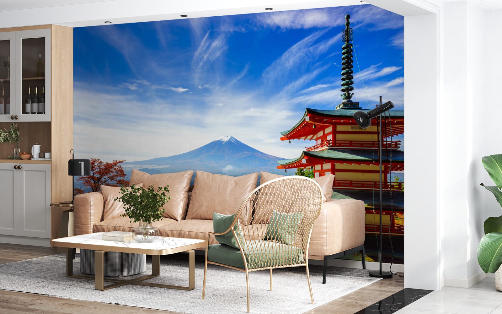 Fotobehang landhuis met fuji berg op de achtergrond