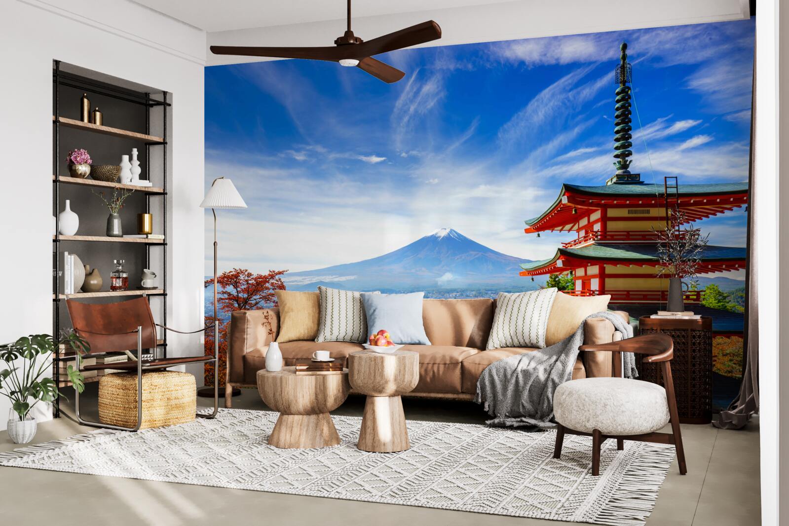 Fotobehang landhuis met fuji berg op de achtergrond