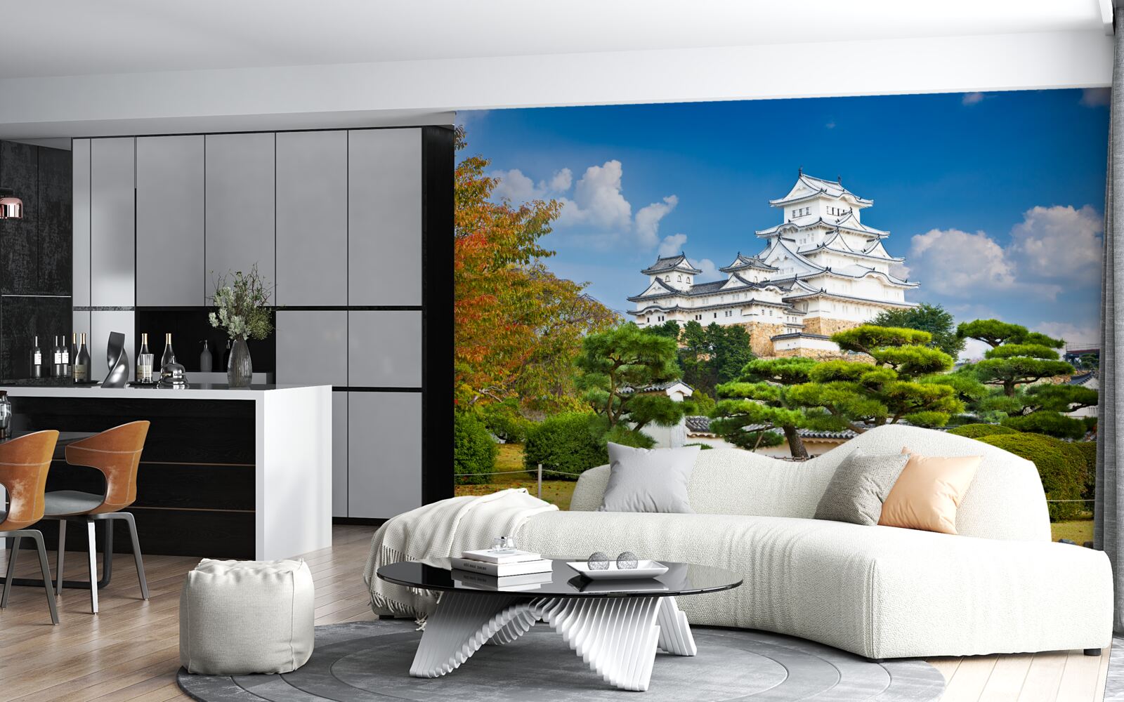 Fotobehang Japanse tempel in de bergen, omgeven door groen