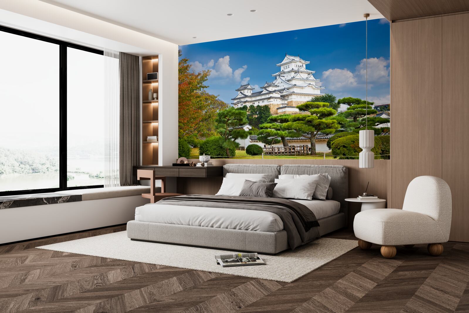 Fotobehang Japanse tempel in de bergen, omgeven door groen