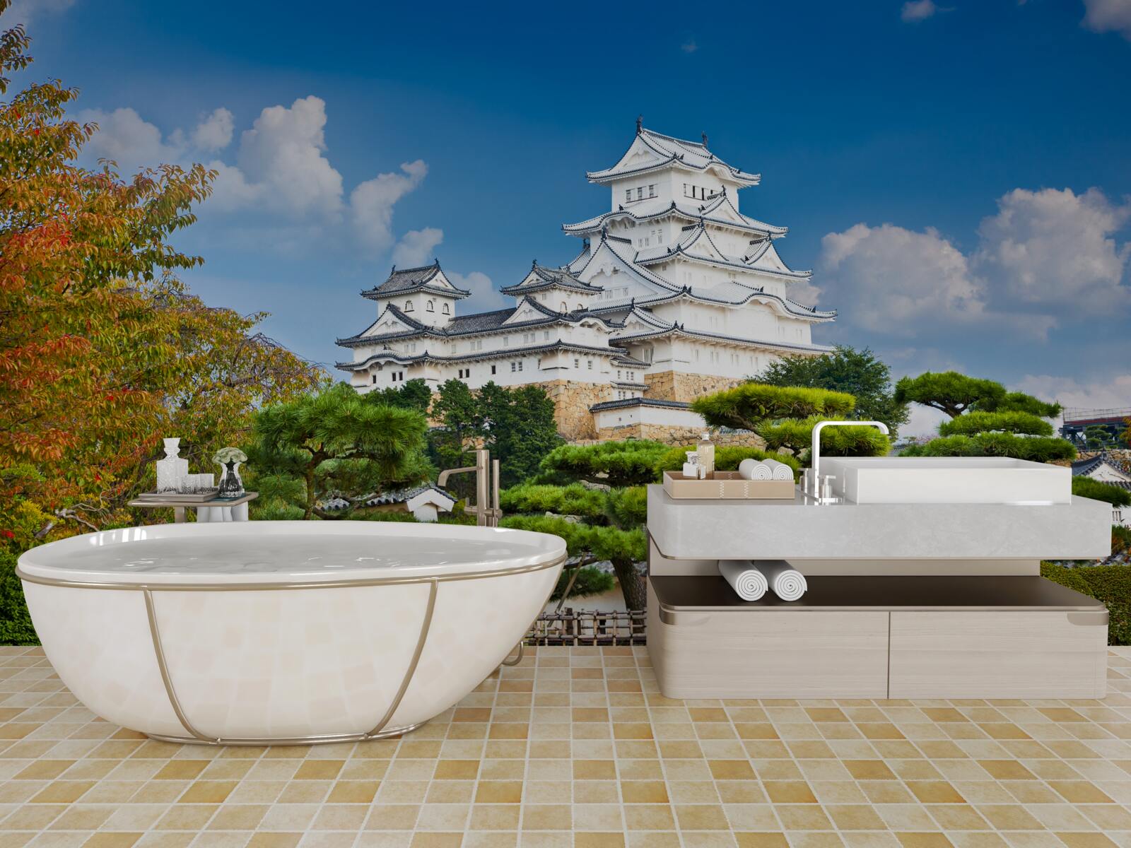 Fotobehang Japanse tempel in de bergen, omgeven door groen