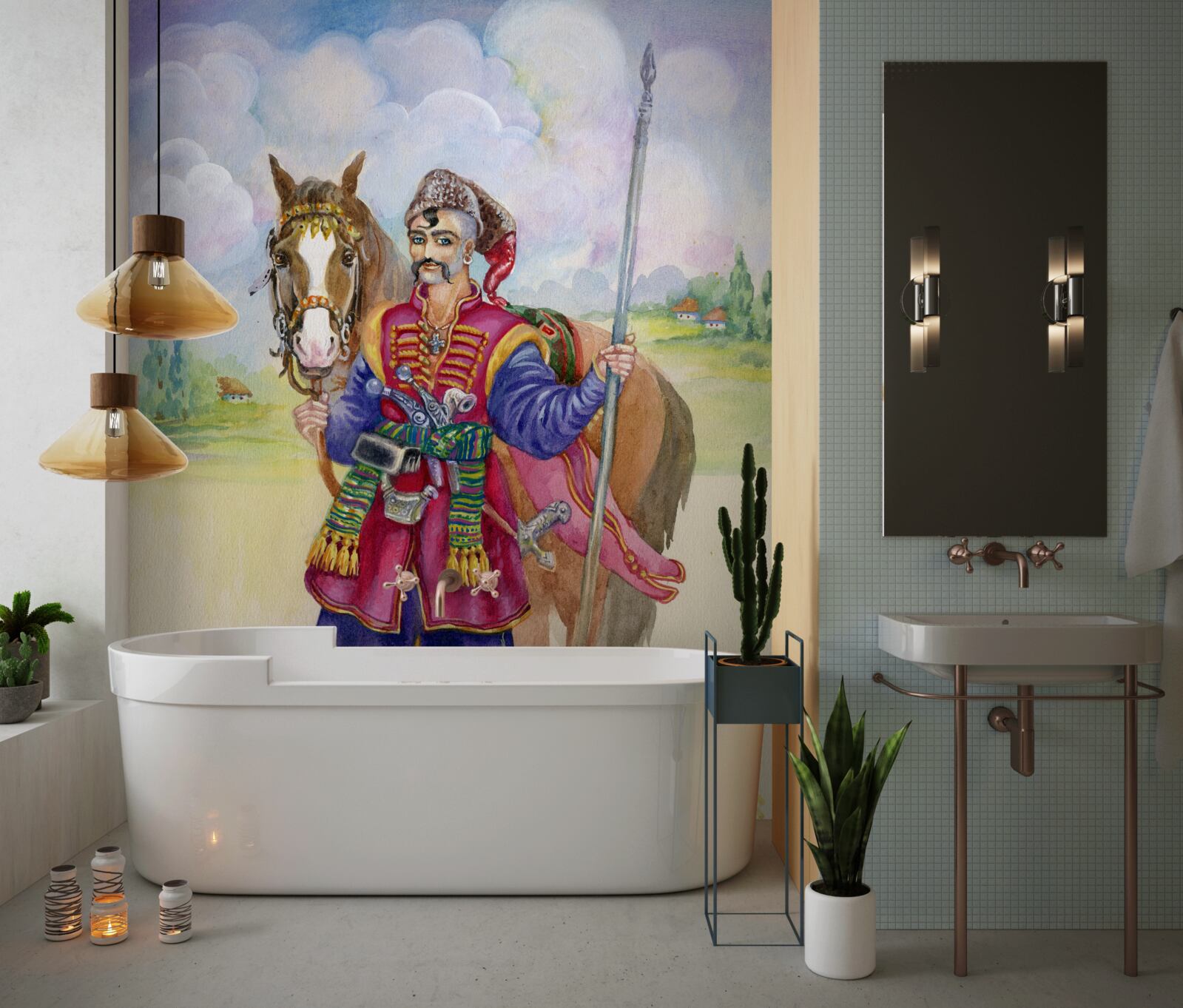 Fotobehang jonge kozak uit de steppen met zijn paard