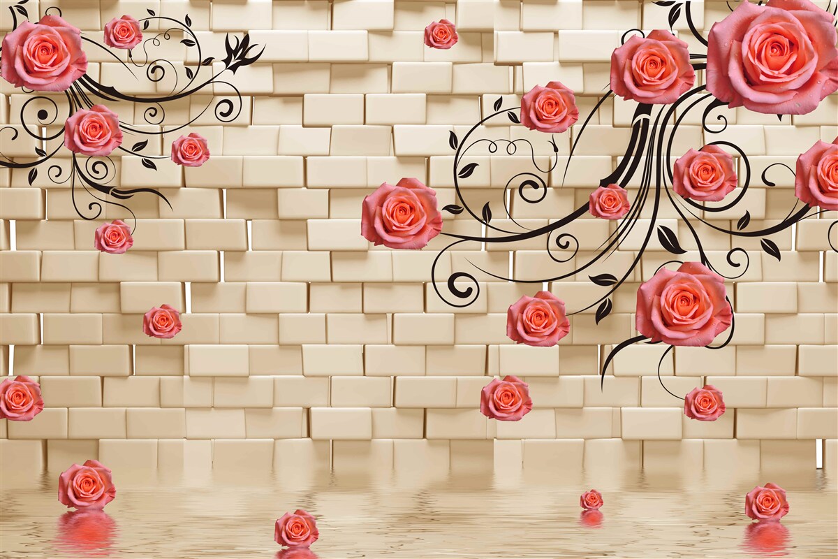 Fotobehang tegen de achtergrond van een bakstenen muur is een rode roos te zien aan de takken