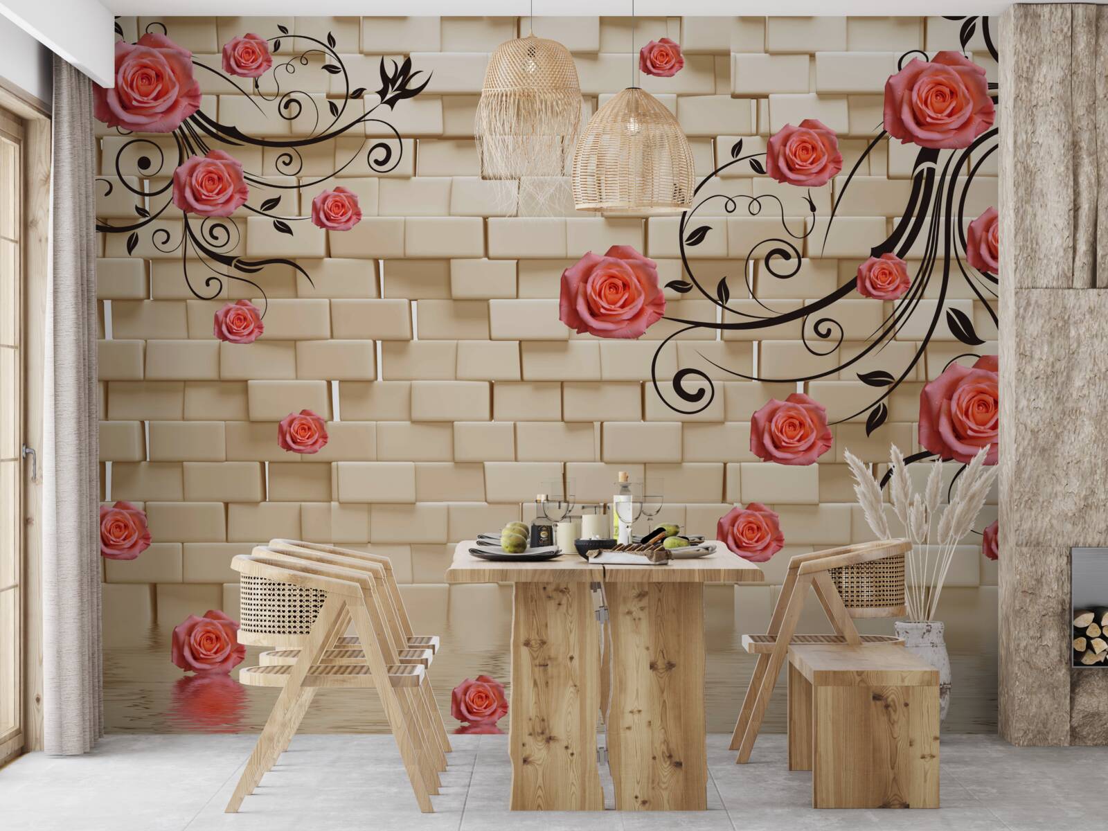 Fotobehang tegen de achtergrond van een bakstenen muur is een rode roos te zien aan de takken