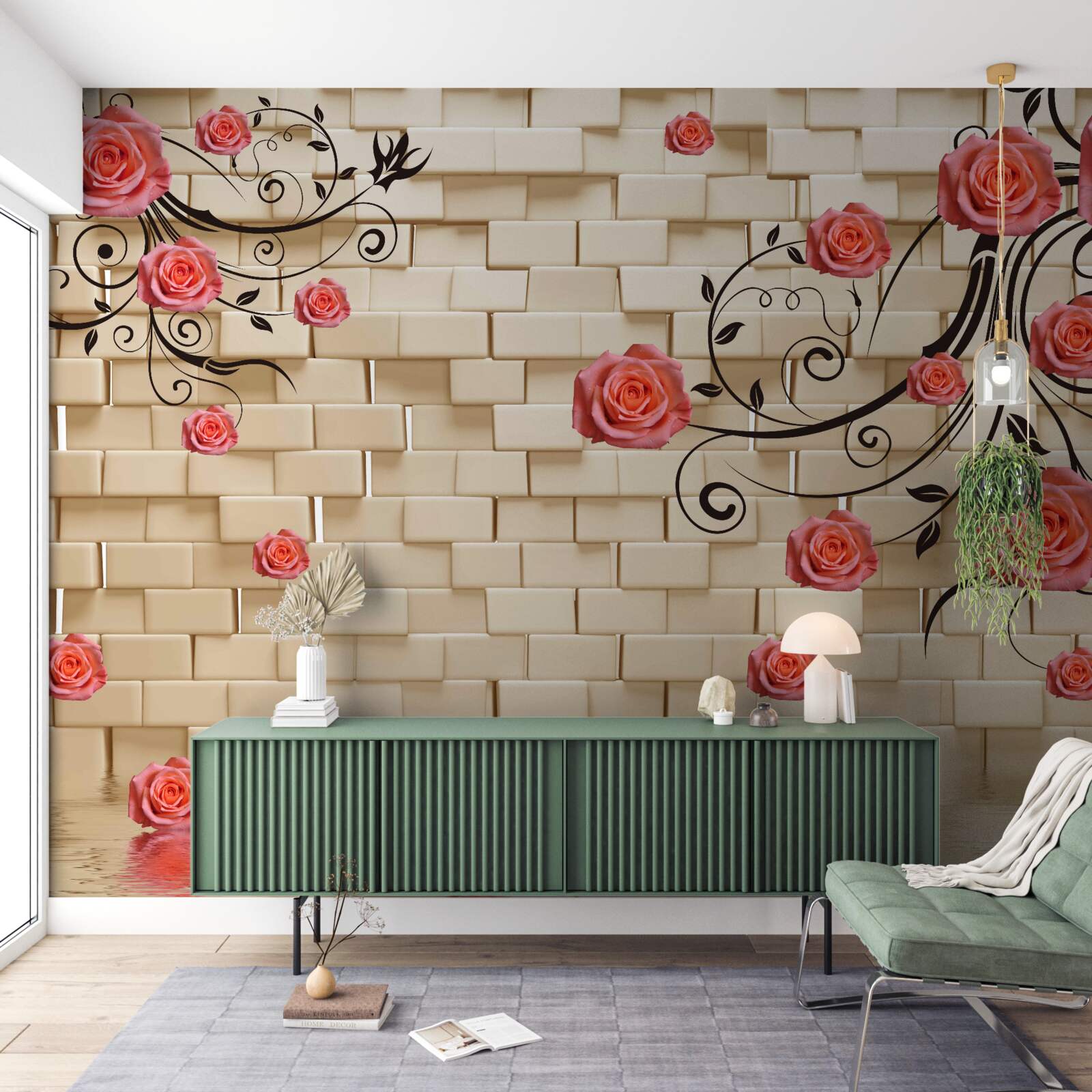 Fotobehang tegen de achtergrond van een bakstenen muur is een rode roos te zien aan de takken