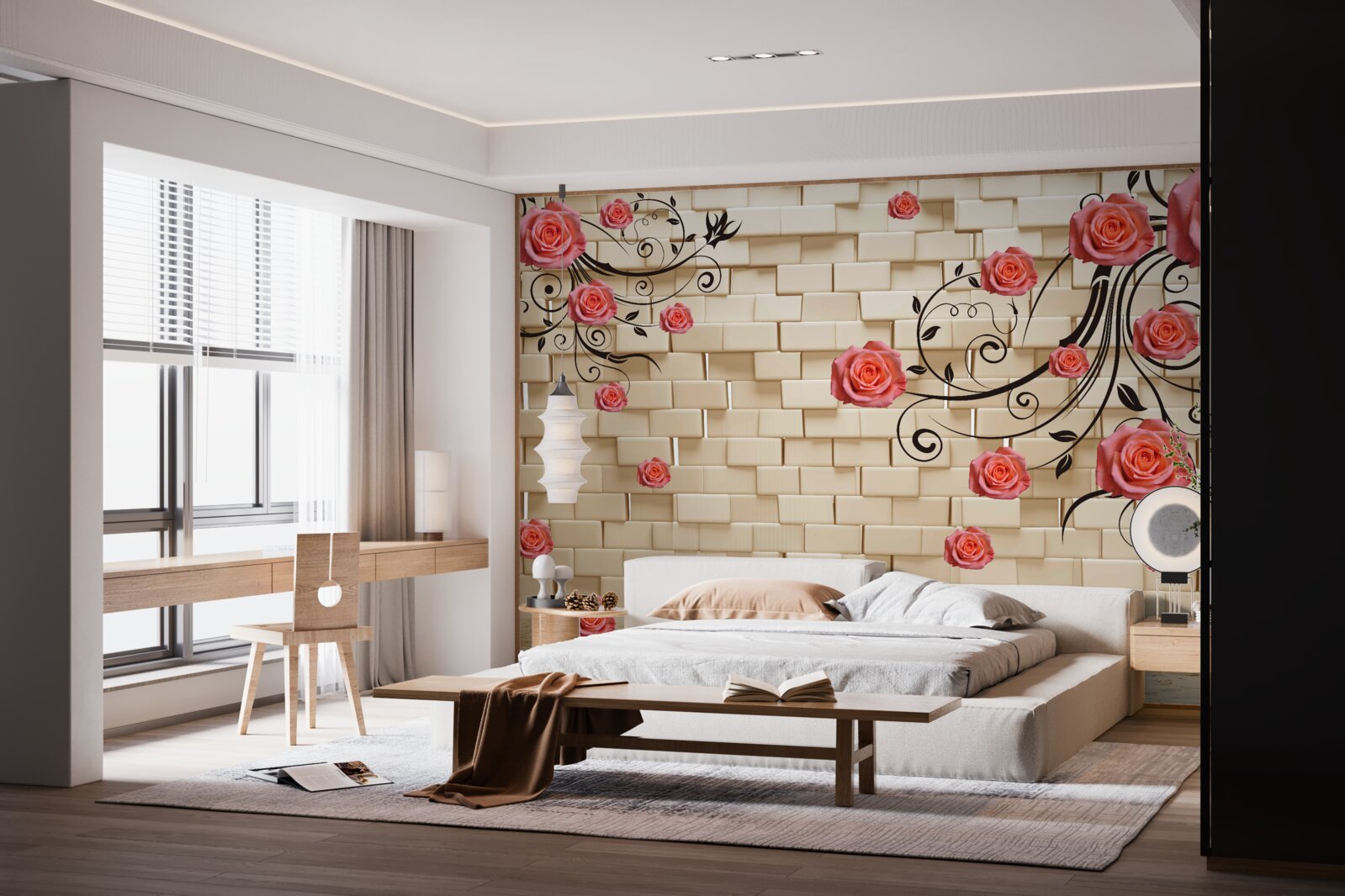 Fotobehang tegen de achtergrond van een bakstenen muur is een rode roos te zien aan de takken