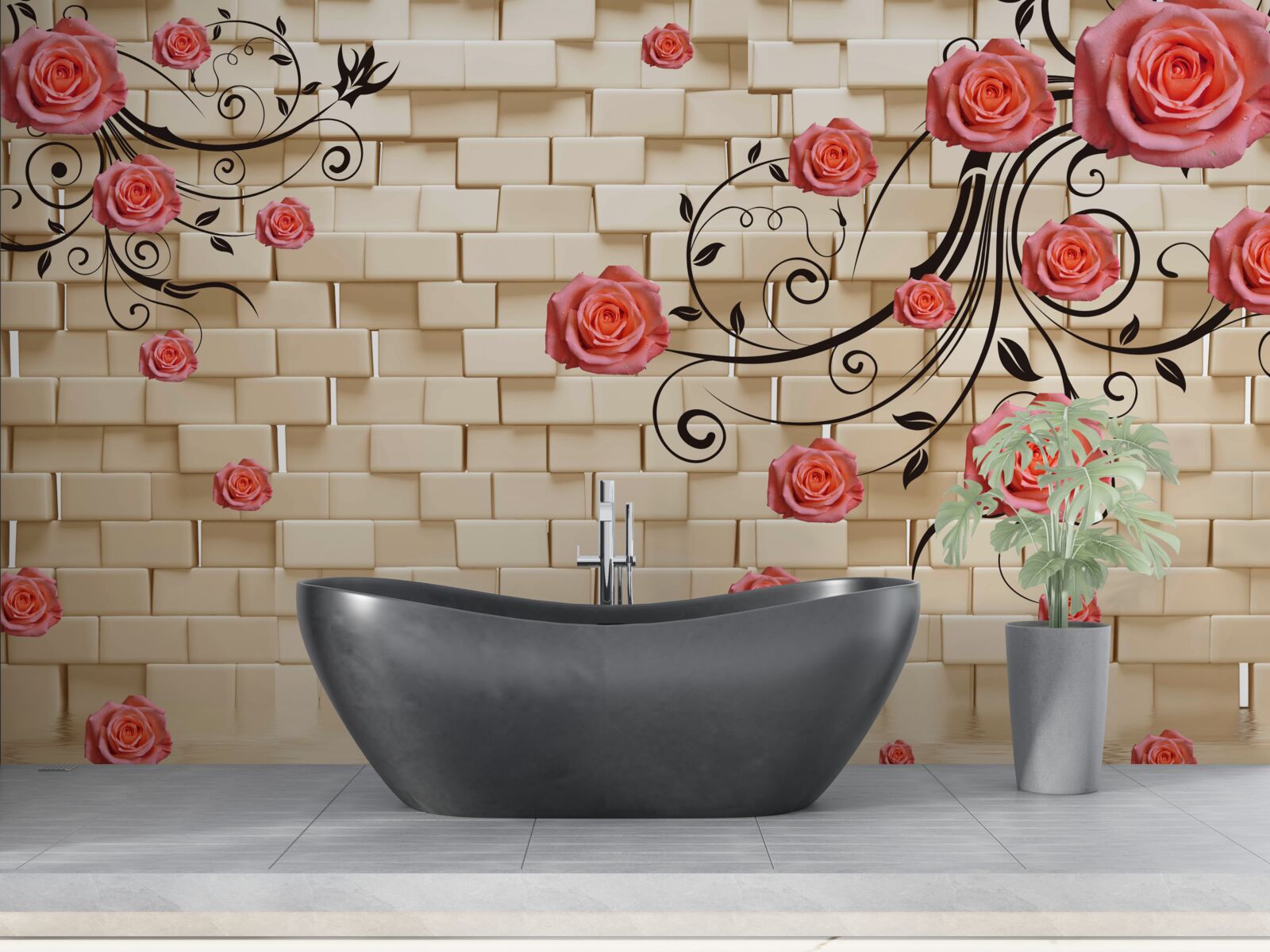 Fotobehang tegen de achtergrond van een bakstenen muur is een rode roos te zien aan de takken