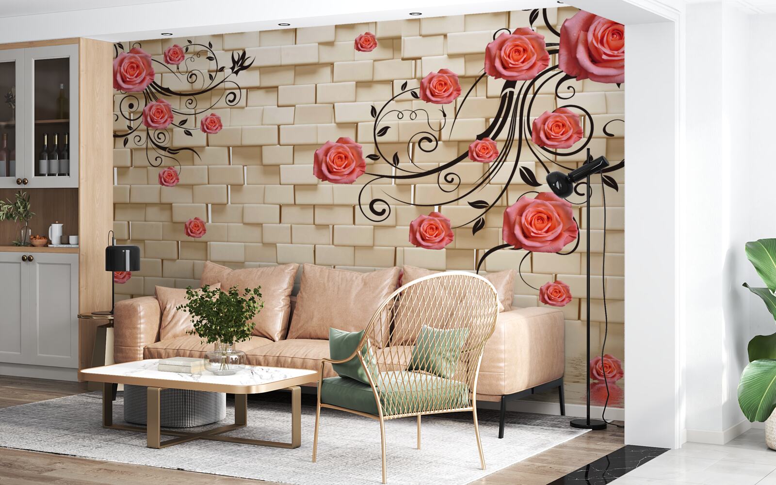 Fotobehang tegen de achtergrond van een bakstenen muur is een rode roos te zien aan de takken