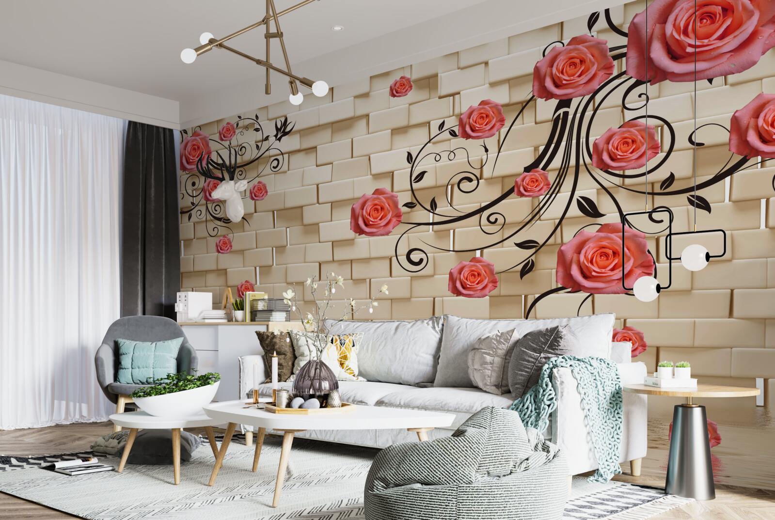 Fotobehang tegen de achtergrond van een bakstenen muur is een rode roos te zien aan de takken