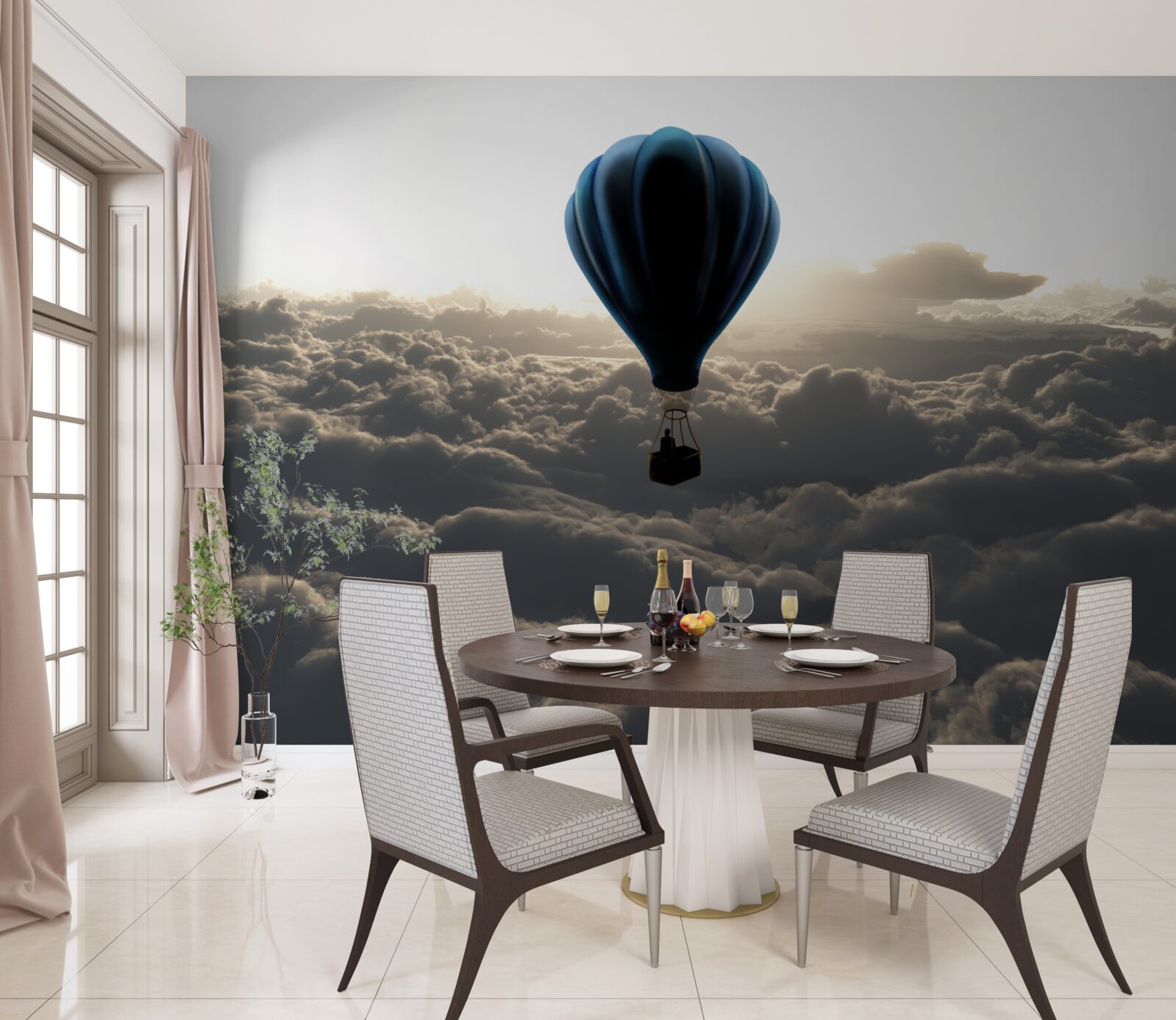 Fotobehang de bal stijgt hoog boven de dichte wolken uit