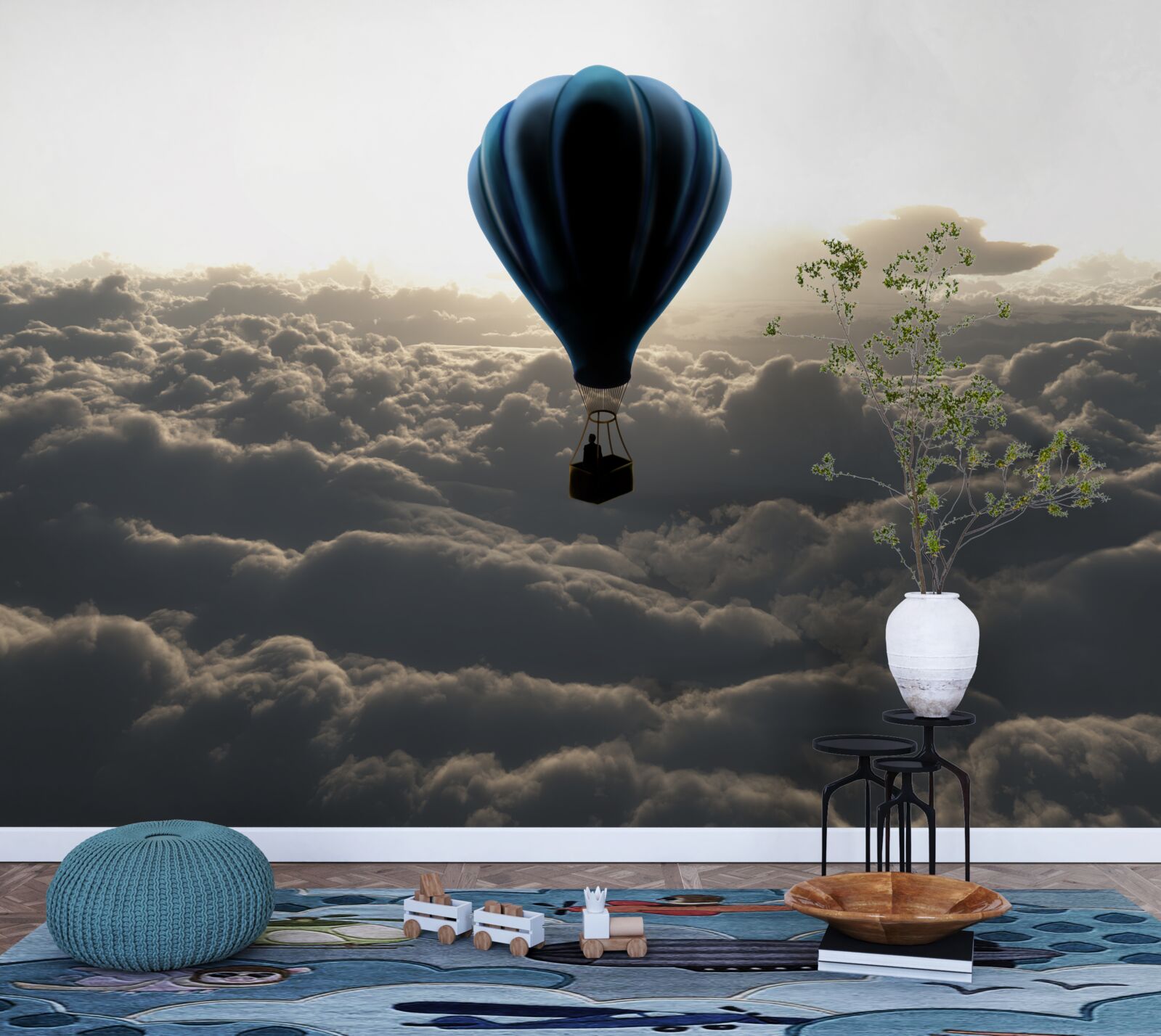 Fotobehang de bal stijgt hoog boven de dichte wolken uit