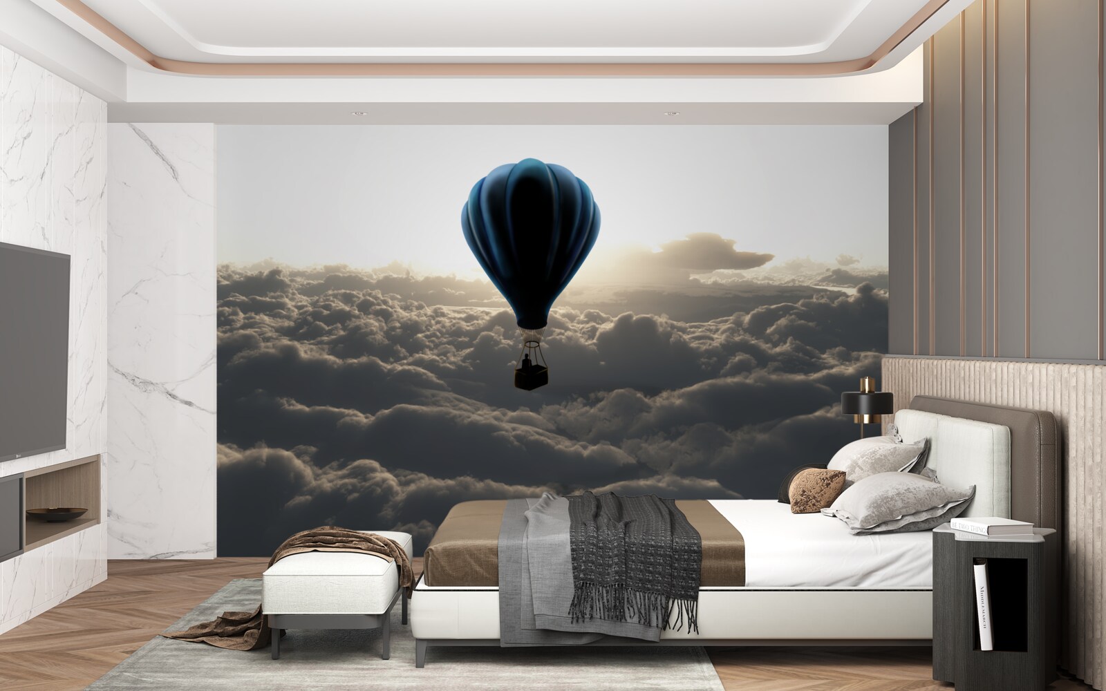 Fotobehang de bal stijgt hoog boven de dichte wolken uit