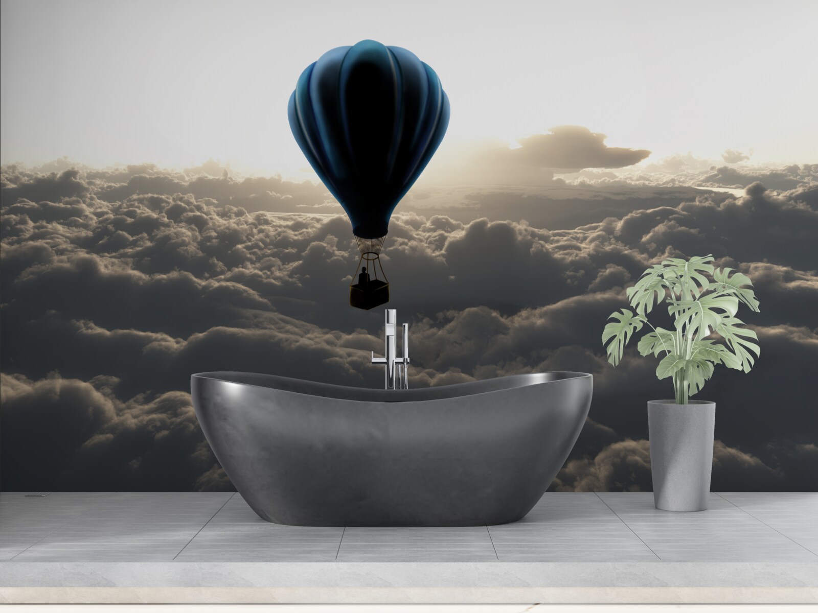 Fotobehang de bal stijgt hoog boven de dichte wolken uit