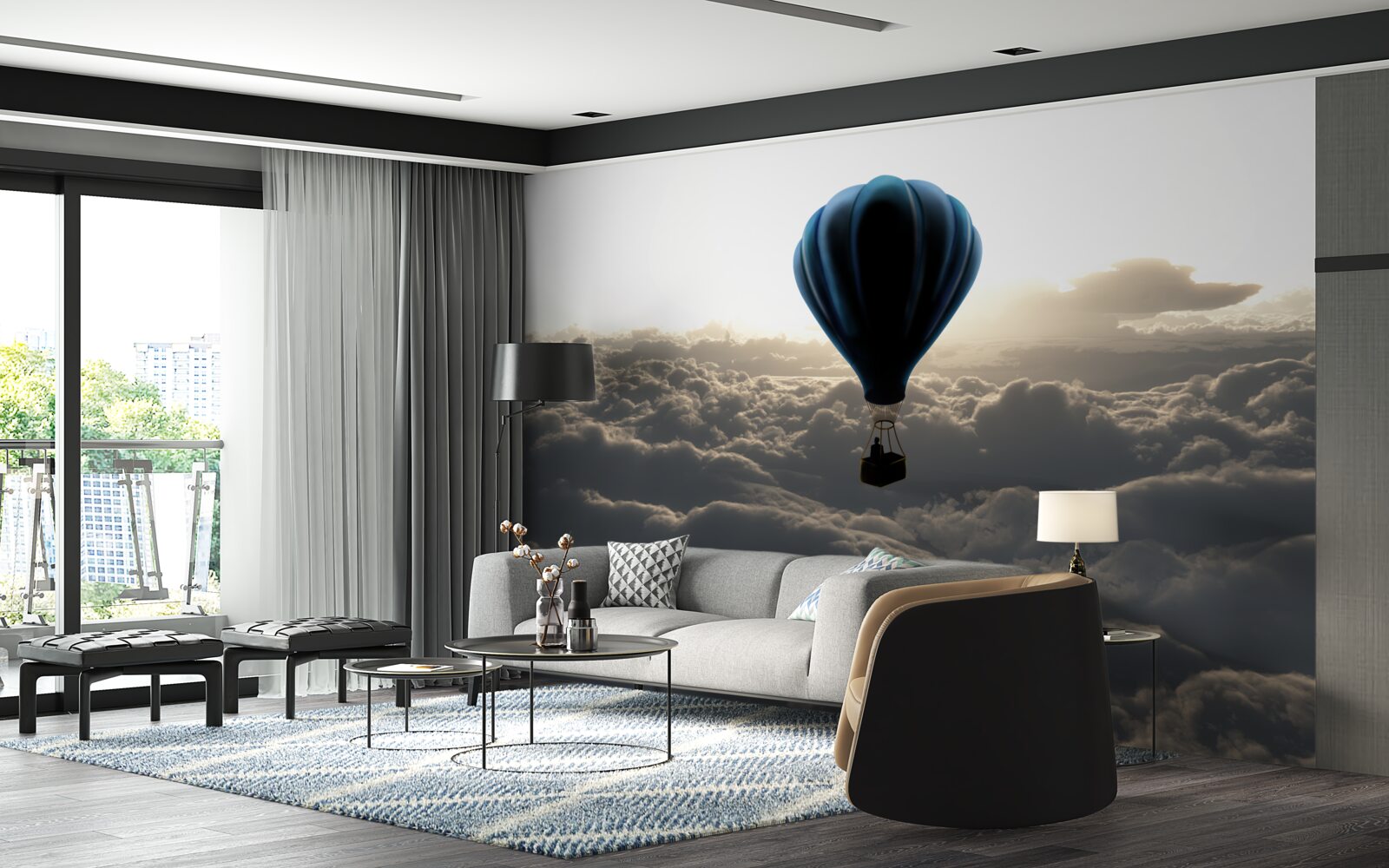 Fotobehang de bal stijgt hoog boven de dichte wolken uit