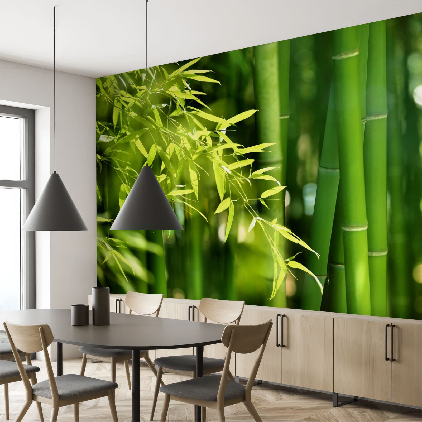 Fotobehang groene scheuten van jonge bamboe